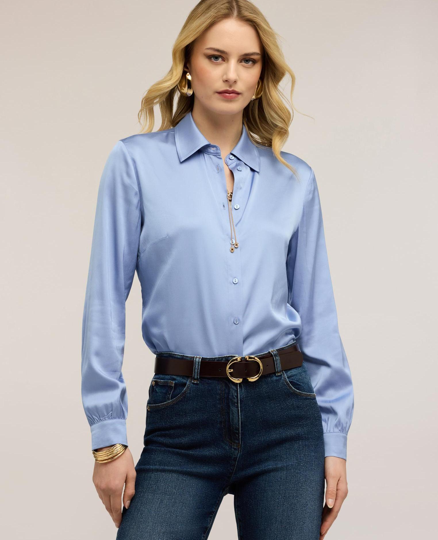 Camisa de mujer de satén de viscosa ajuste regular con cierre frontal de botones - Motivi - Azul claro Azul claro-3
