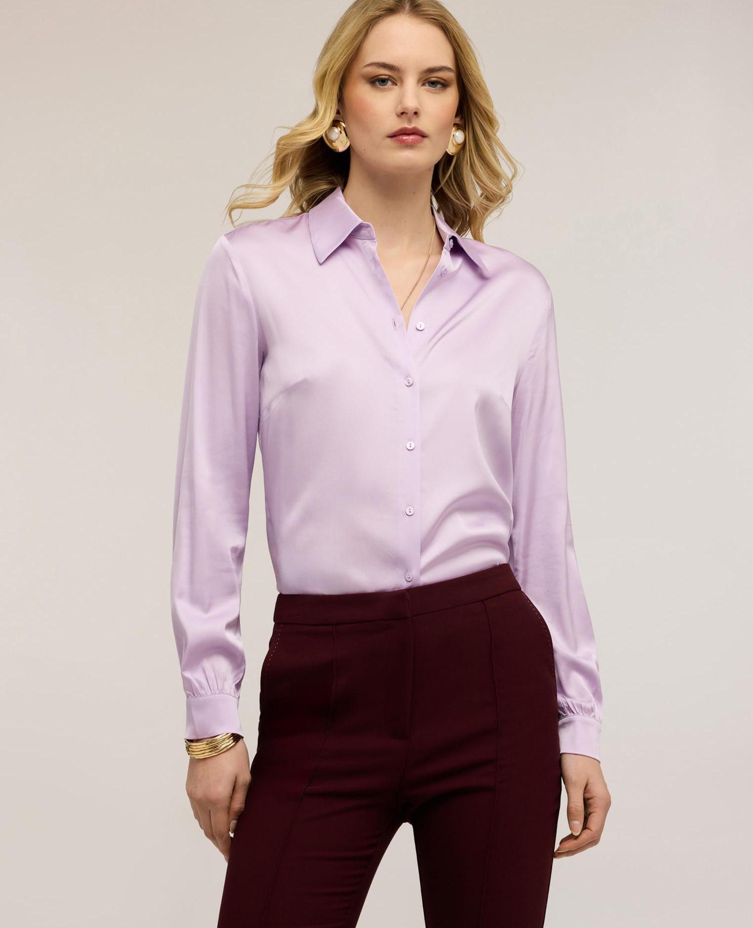 Camisa de mujer de satén de viscosa ajuste regular con cierre frontal de botones - Motivi - Morado Morado-1