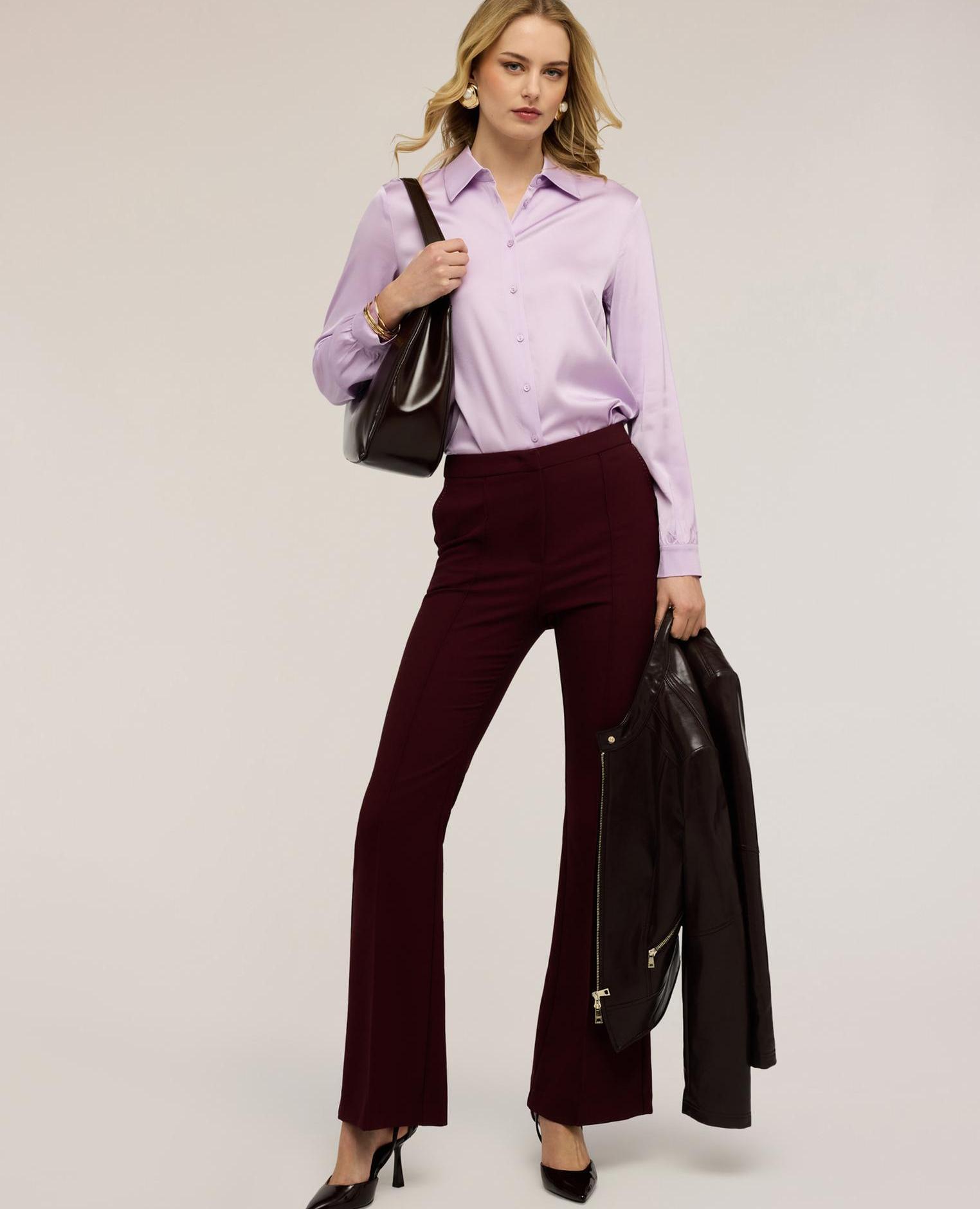 Camisa de mujer de satén de viscosa ajuste regular con cierre frontal de botones - Motivi - Morado Morado-3