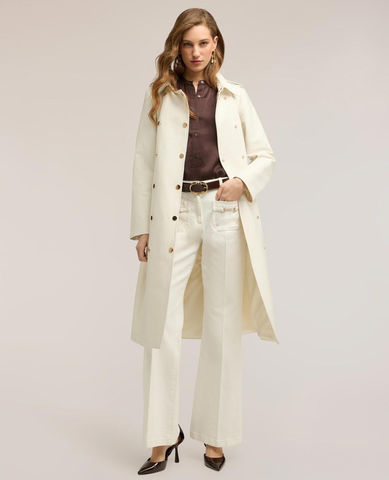 Trench de mujer cruzado con detalles military modelo largo con ajuste entallado cierre cruzado con botones metálicos a la vista - Motivi - Blanco Blanco-3