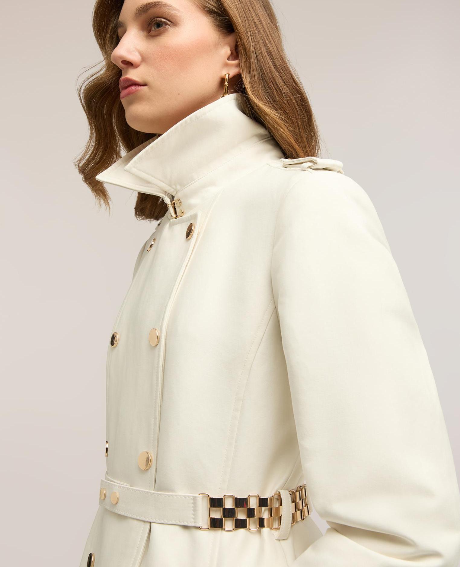 Trench de mujer cruzado con detalles military modelo largo con ajuste entallado cierre cruzado con botones metálicos a la vista - Motivi - Blanco Blanco-4
