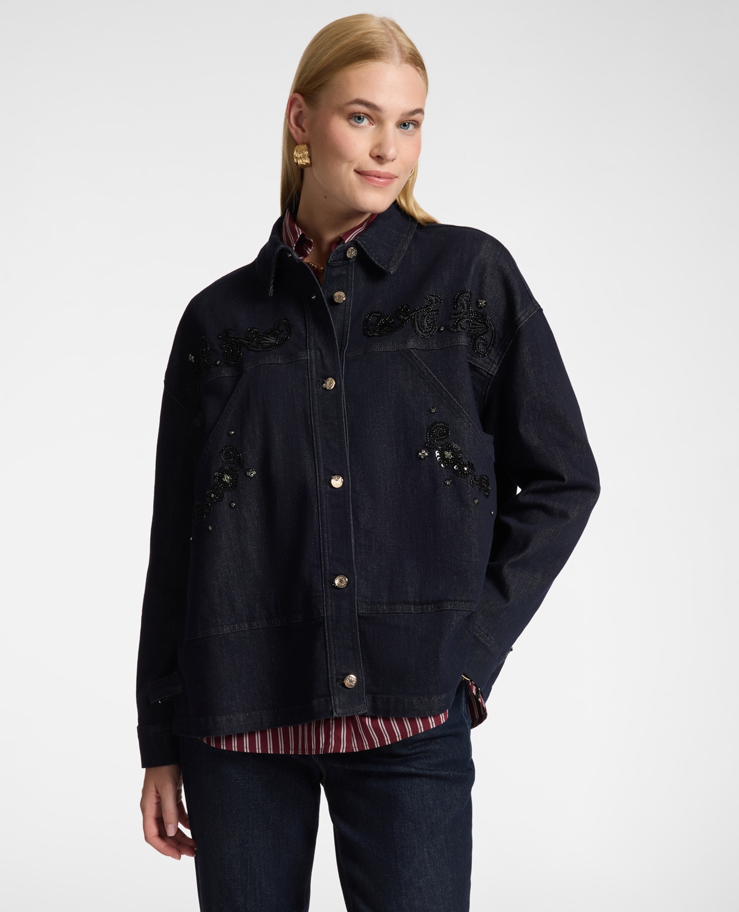 Chaqueta de mujer desestructurada en denim bordada ajuste oversize botones monogram - Elena Miró - Azul Azul-1