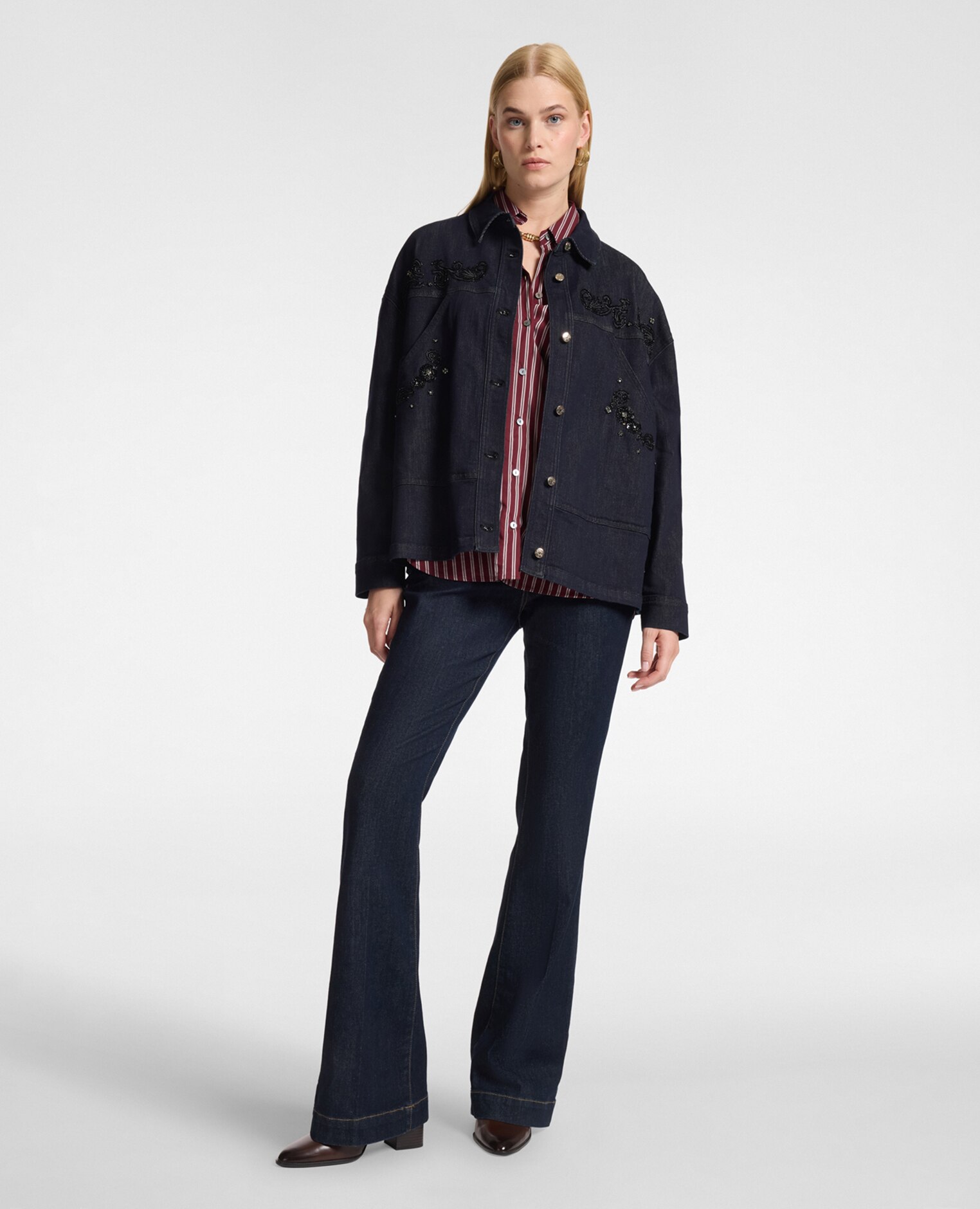 Chaqueta de mujer desestructurada en denim bordada ajuste oversize botones monogram - Elena Miró - Azul Azul-3