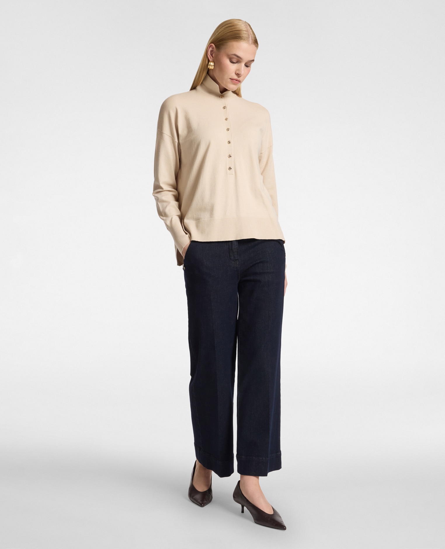 Jeans de mujer cropped wide leg en denim ajuste amplio con pierna ancha cierre con botones y cremallera - Elena Miró - Azul Azul-1