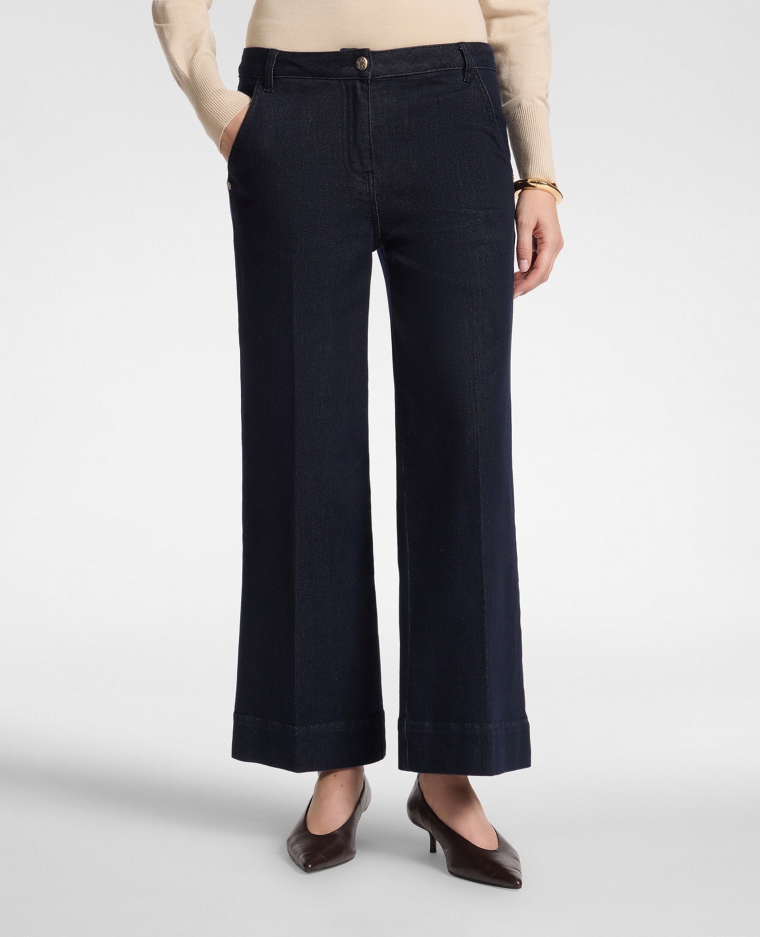 Jeans de mujer cropped wide leg en denim ajuste amplio con pierna ancha cierre con botones y cremallera - Elena Miró - Azul Azul-3