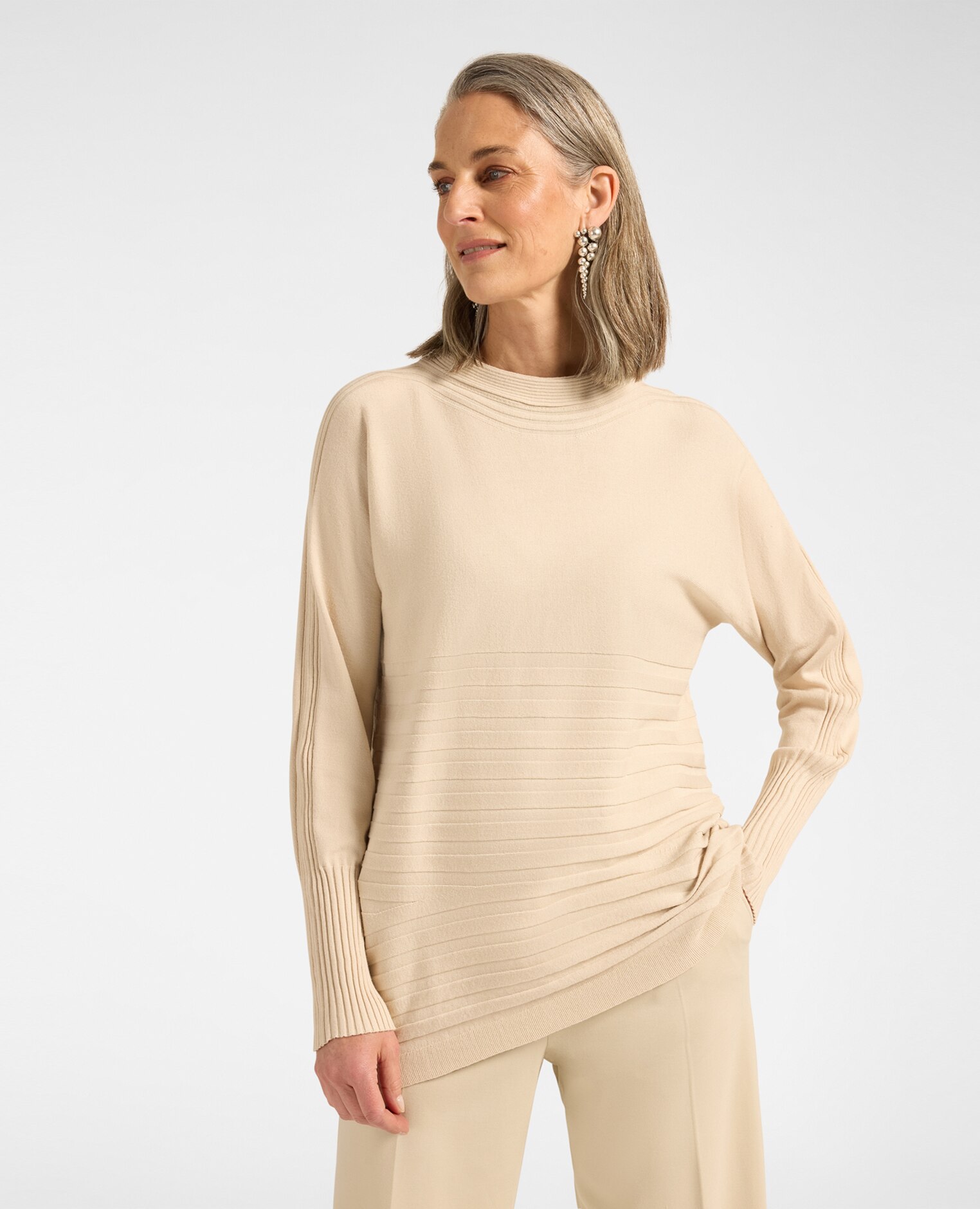 Jersey de mujer de viscosa con elaboración a rayas ajuste cómodo con largo medio y mangas largas - Elena Miró - Beige Beige-1