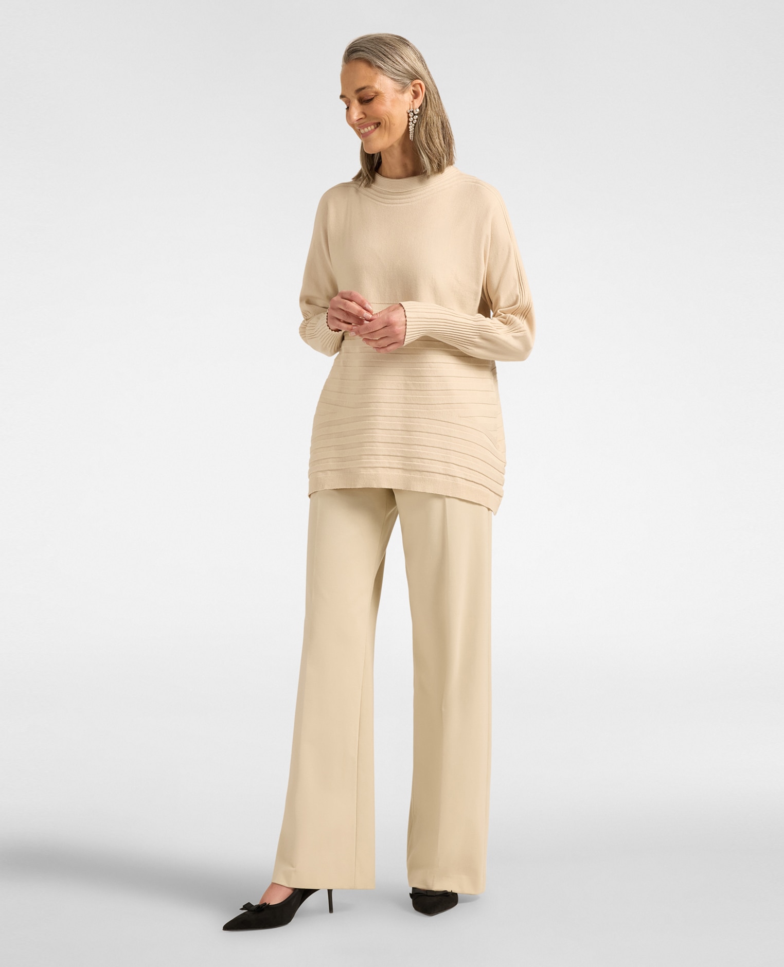 Jersey de mujer de viscosa con elaboración a rayas ajuste cómodo con largo medio y mangas largas - Elena Miró - Beige Beige-3