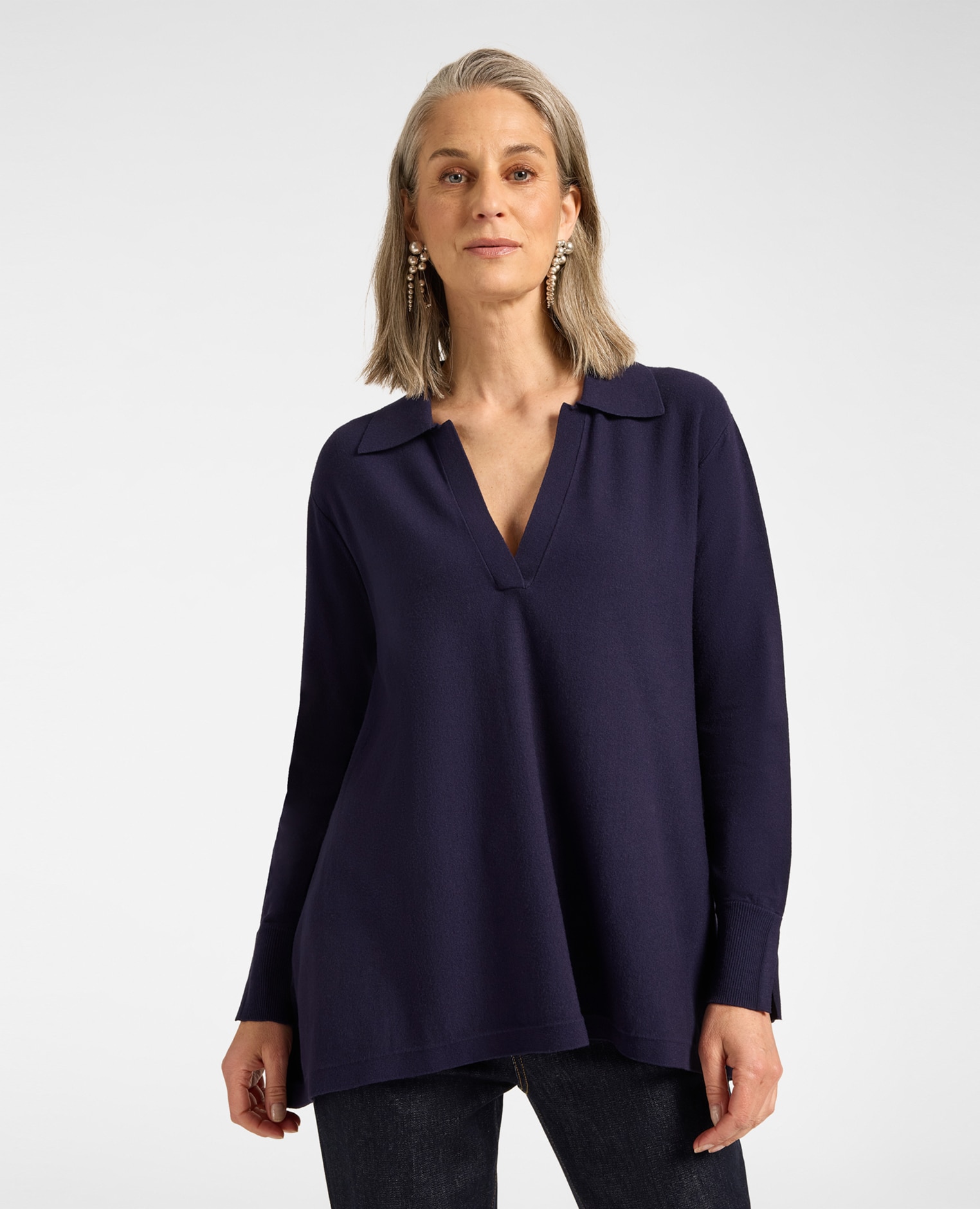 Jersey de mujer de viscosa con cuello modelo de línea en a con largo medio y mangas largas - Elena Miró - Azul Azul-1