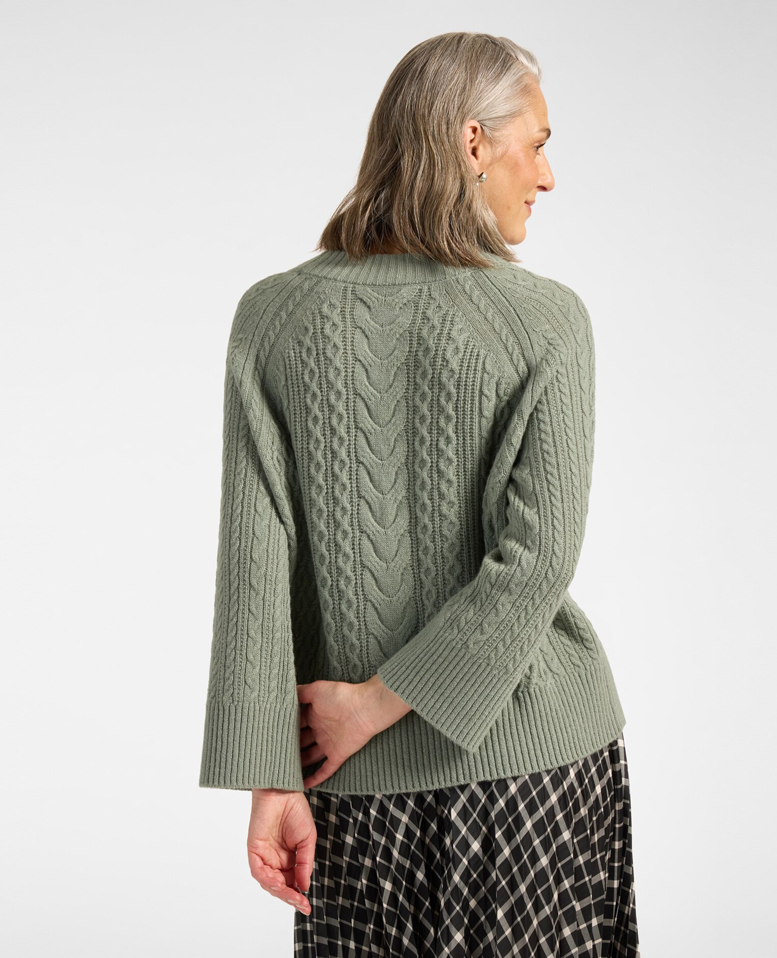 Jersey de mujer de trenzas en pura lana línea en a y longitud media - Elena Miró - Verde claro Verde claro-2
