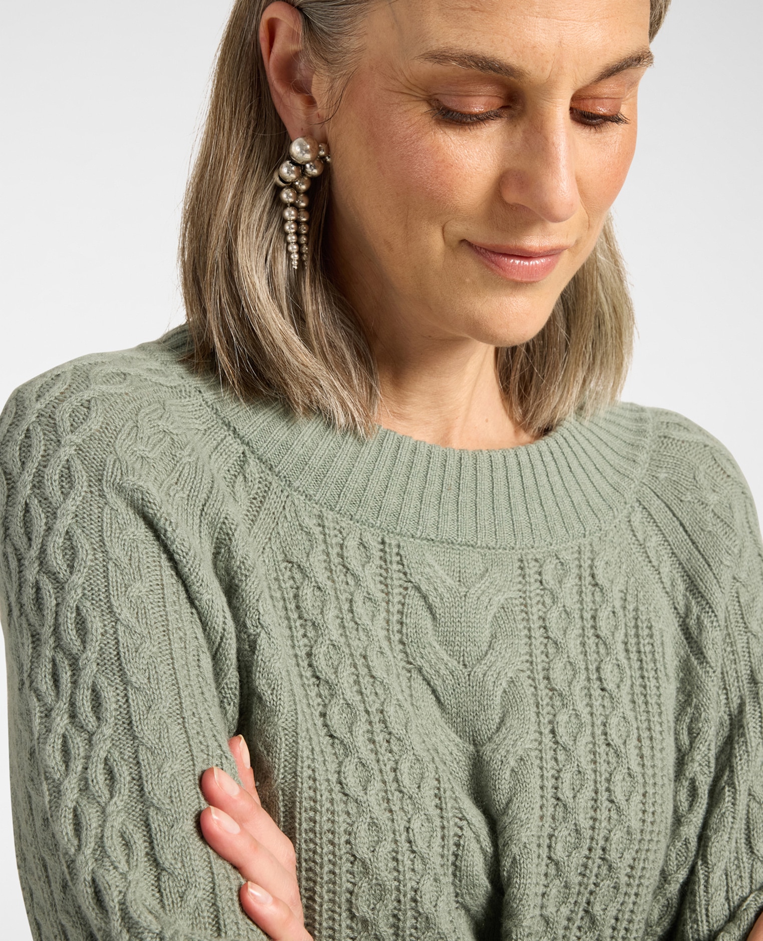 Jersey de mujer de trenzas en pura lana línea en a y longitud media - Elena Miró - Verde claro Verde claro-4