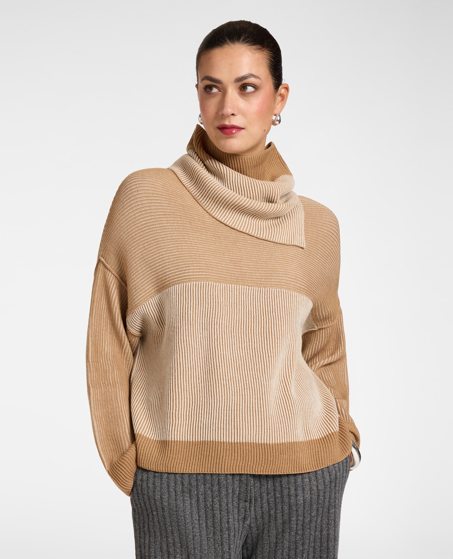 Jersey cuello de mujer alto en pura lana bicolor largo medio manga larga con forma caída - Elena Miró - Beige Beige-1