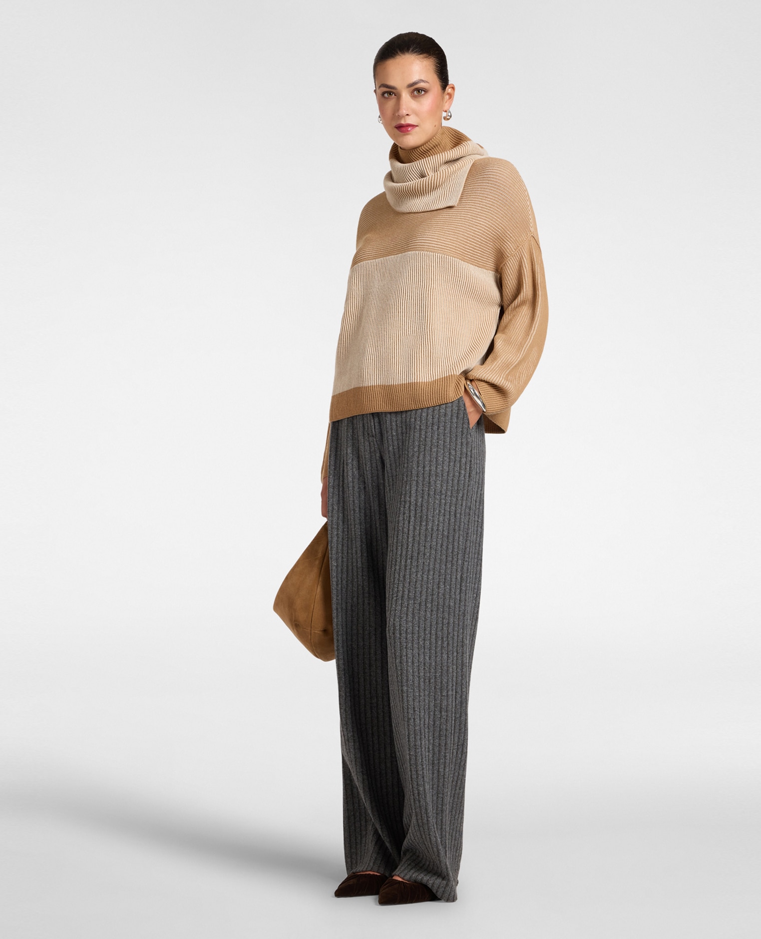 Jersey cuello de mujer alto en pura lana bicolor largo medio manga larga con forma caída - Elena Miró - Beige Beige-3