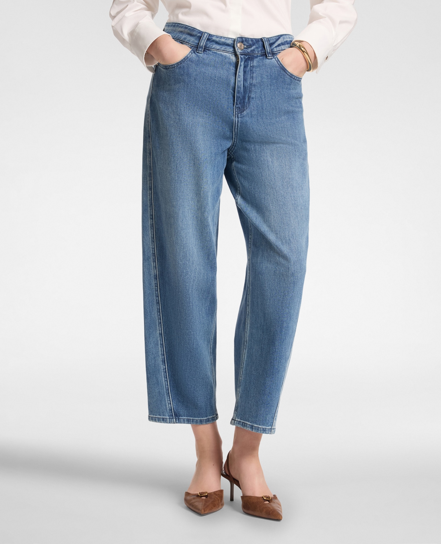 Jeans de mujer regular en denim lavado cierre con botones y cremallera - Elena Miró - Azul Azul-3