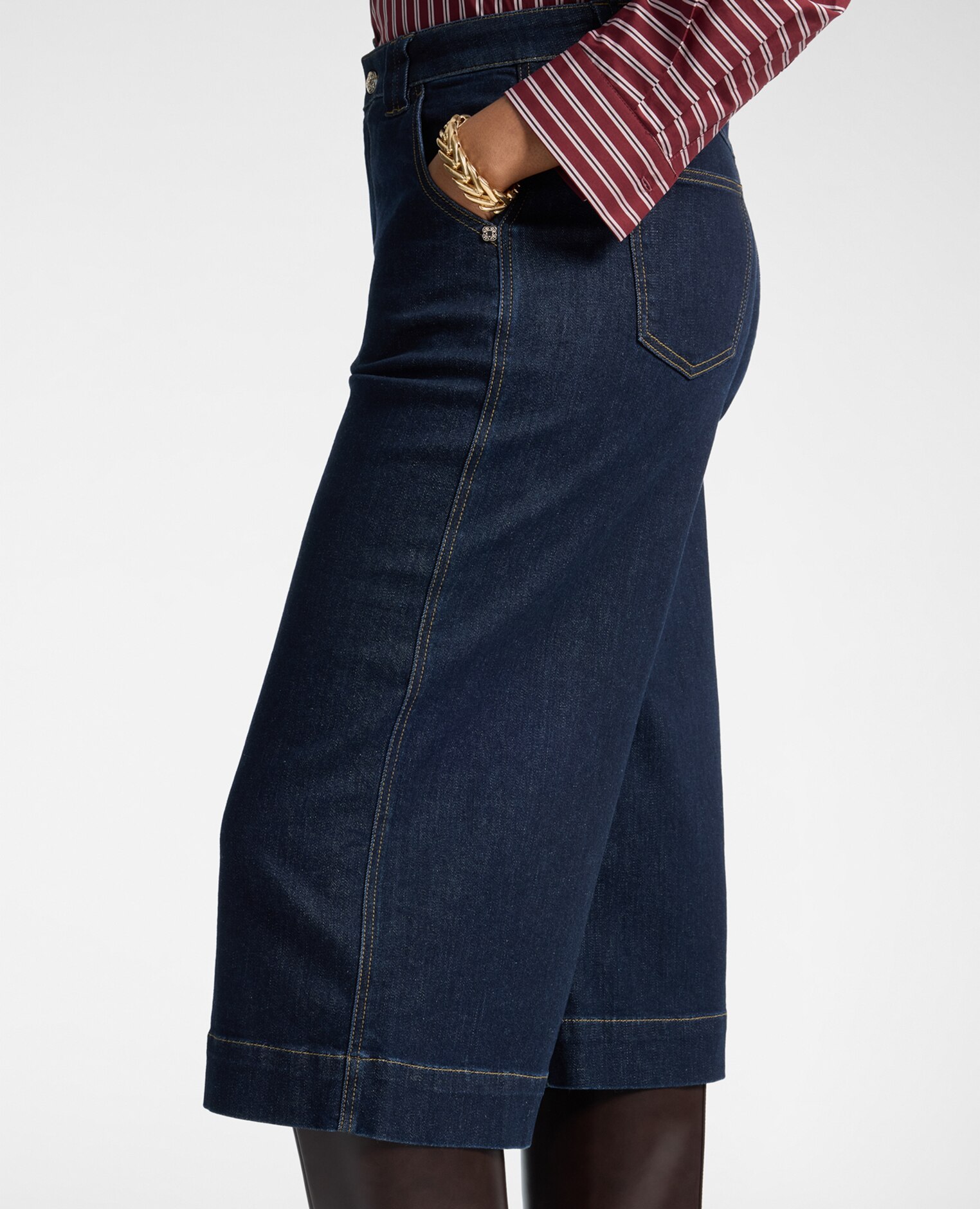 Jeans de mujer cropped wide leg en denim longitud media ajuste amplio y cierre con botones y cremallera - Elena Miró - Azul Azul-4