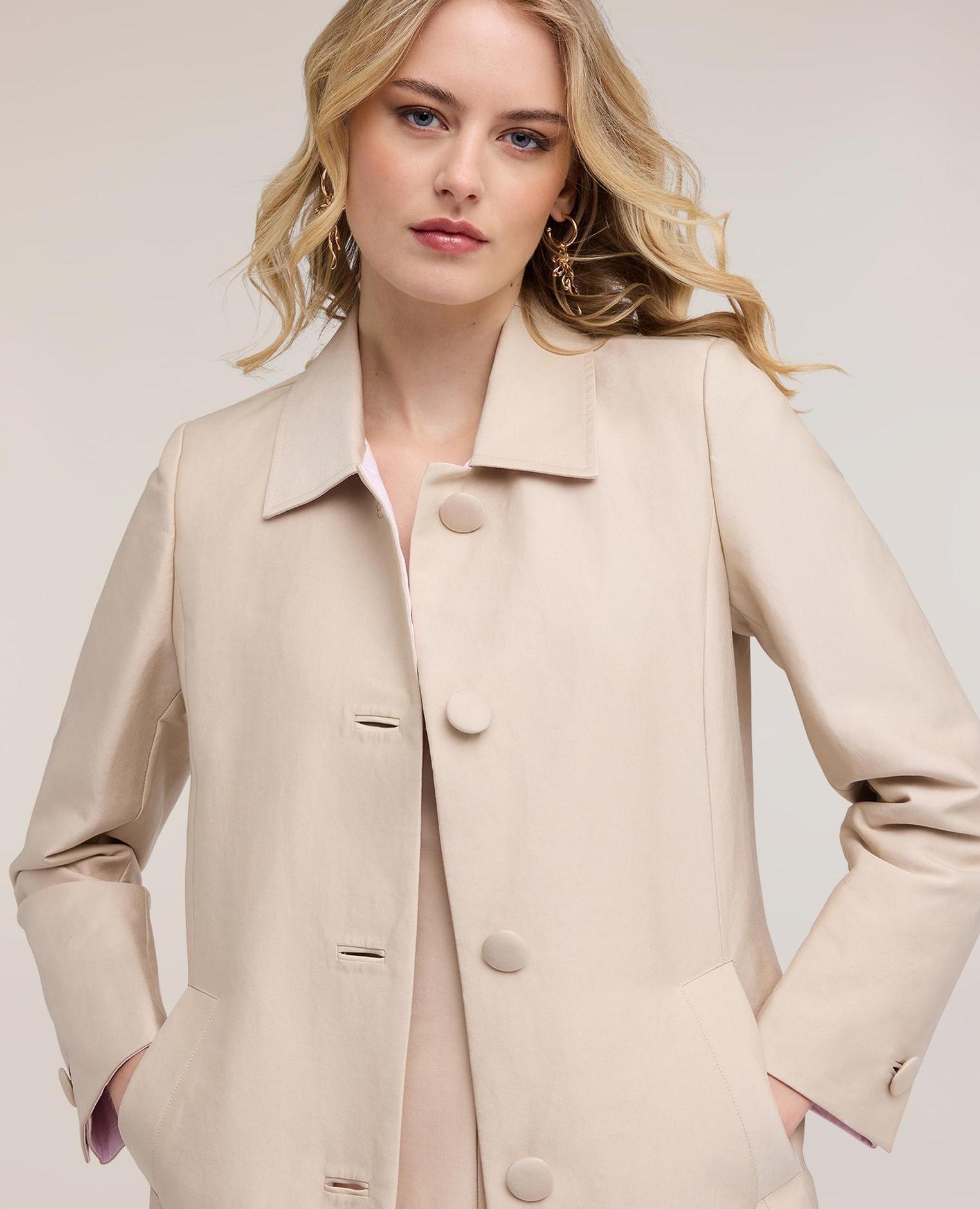 Abrigo de mujer de raso de algodón longitud media cierre frontal con botones forrados tono sobre tono - Motivi - Beige Beige-4