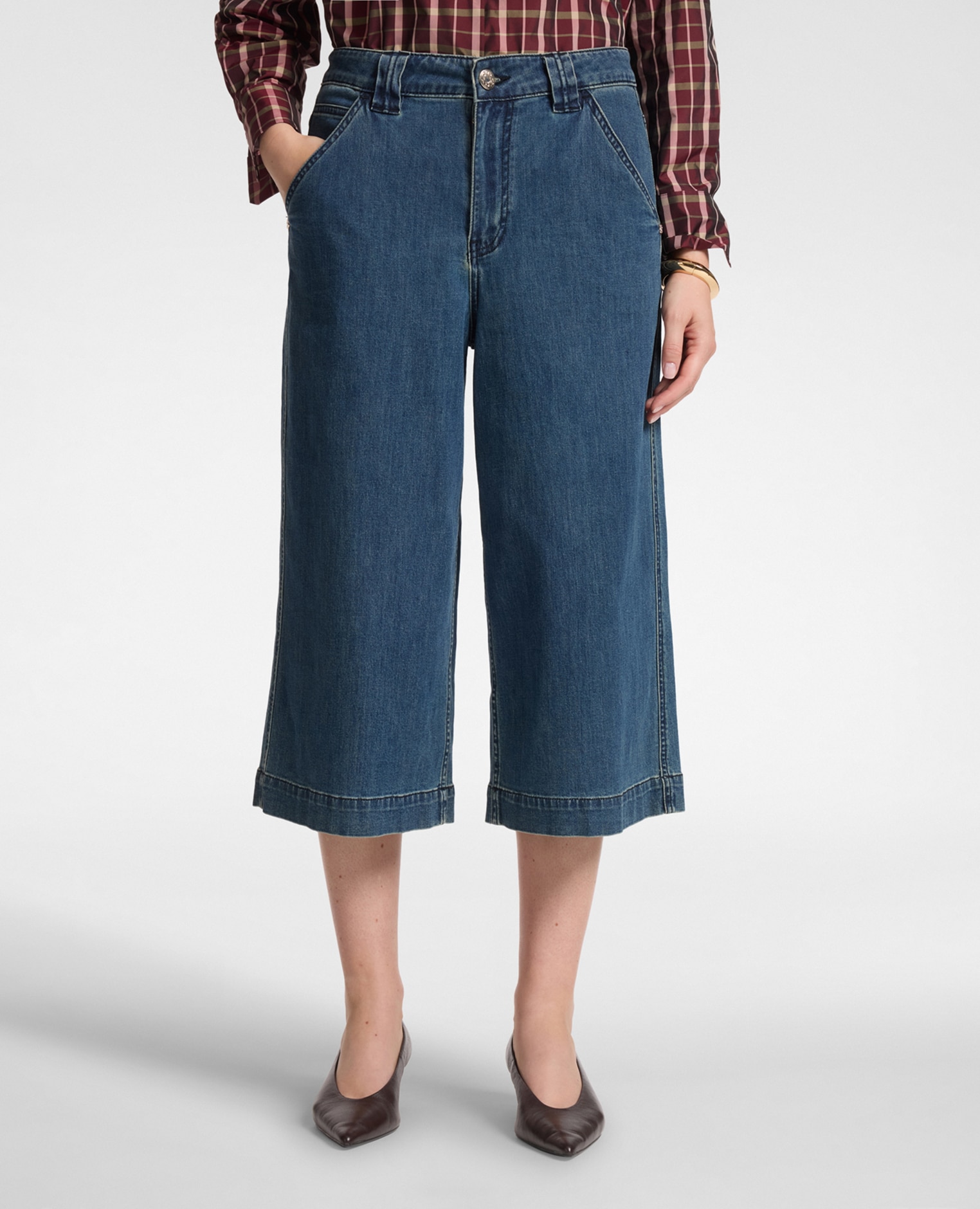 Jeans de mujer cropped wide leg en denim corte corto ajuste amplio y cierre con botones y cremallera - Elena Miró - Azul Azul-3