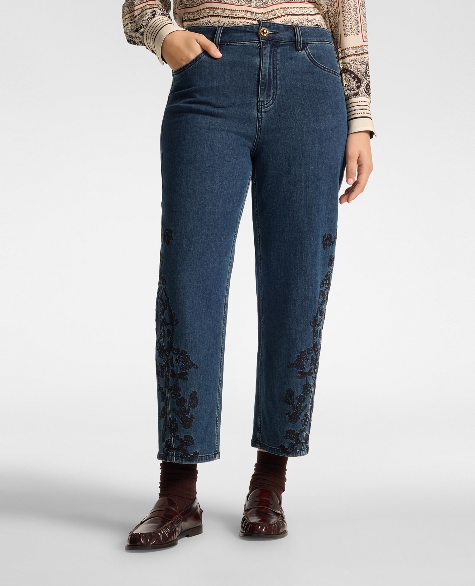 Jeans de mujer regular en denim con bordados florales cierre con botones y cremallera - Elena Miró - Azul Azul-3