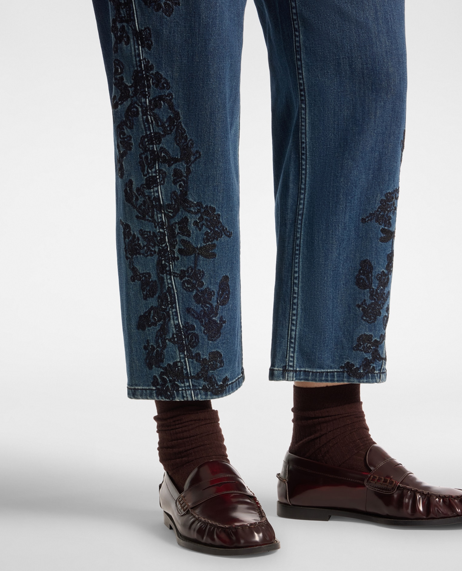 Jeans de mujer regular en denim con bordados florales cierre con botones y cremallera - Elena Miró - Azul Azul-4