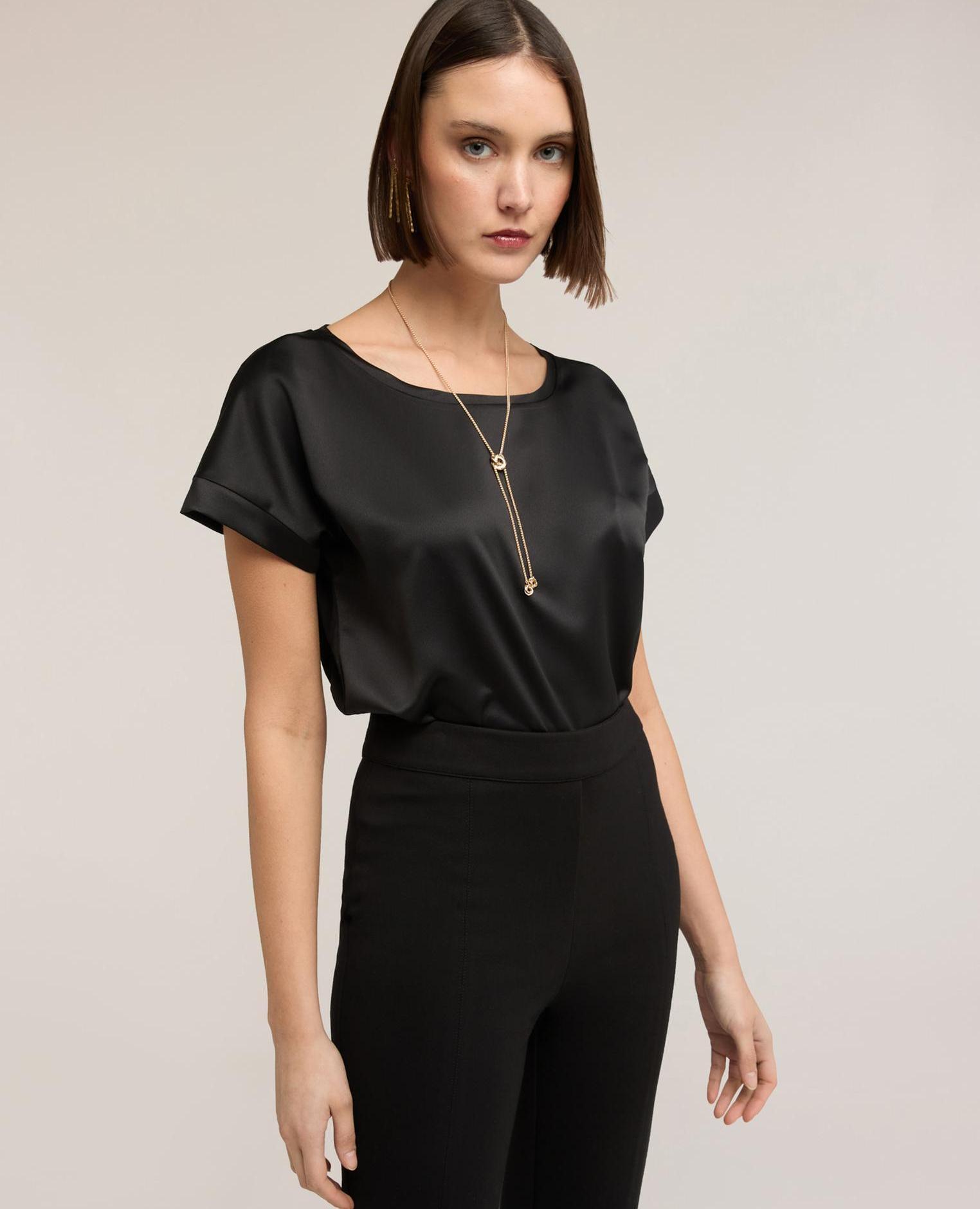 Camiseta de mujer bimaterial mezcla de algodón parte delantera en raso fluido - Motivi - Negro Negro-1