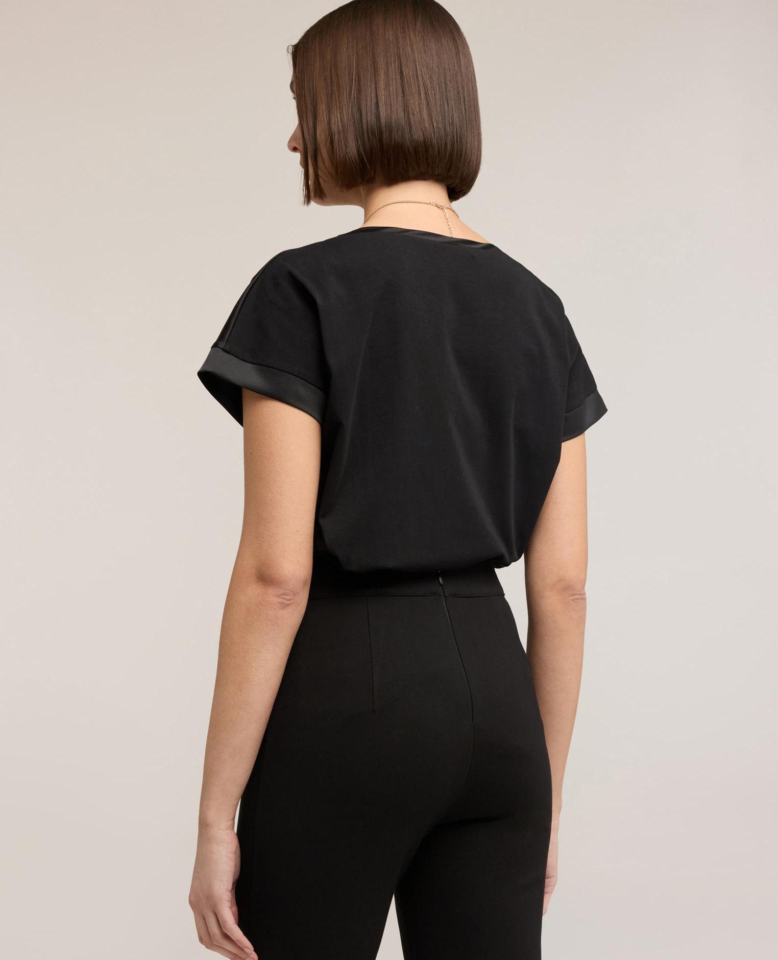 Camiseta de mujer bimaterial mezcla de algodón parte delantera en raso fluido - Motivi - Negro Negro-2