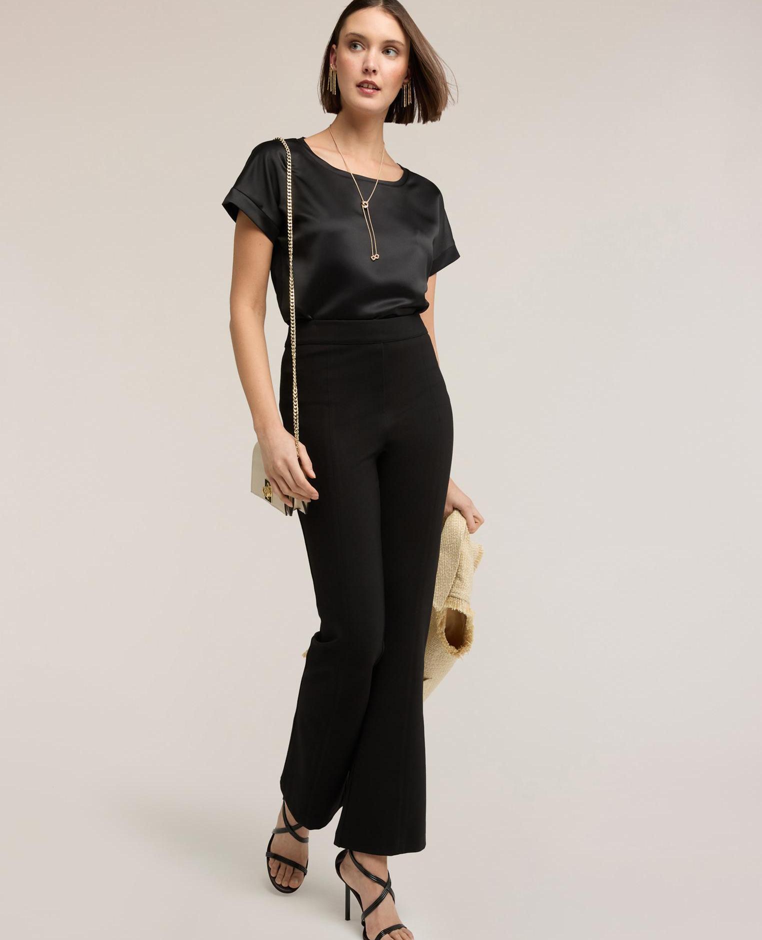 Camiseta de mujer bimaterial mezcla de algodón parte delantera en raso fluido - Motivi - Negro Negro-3