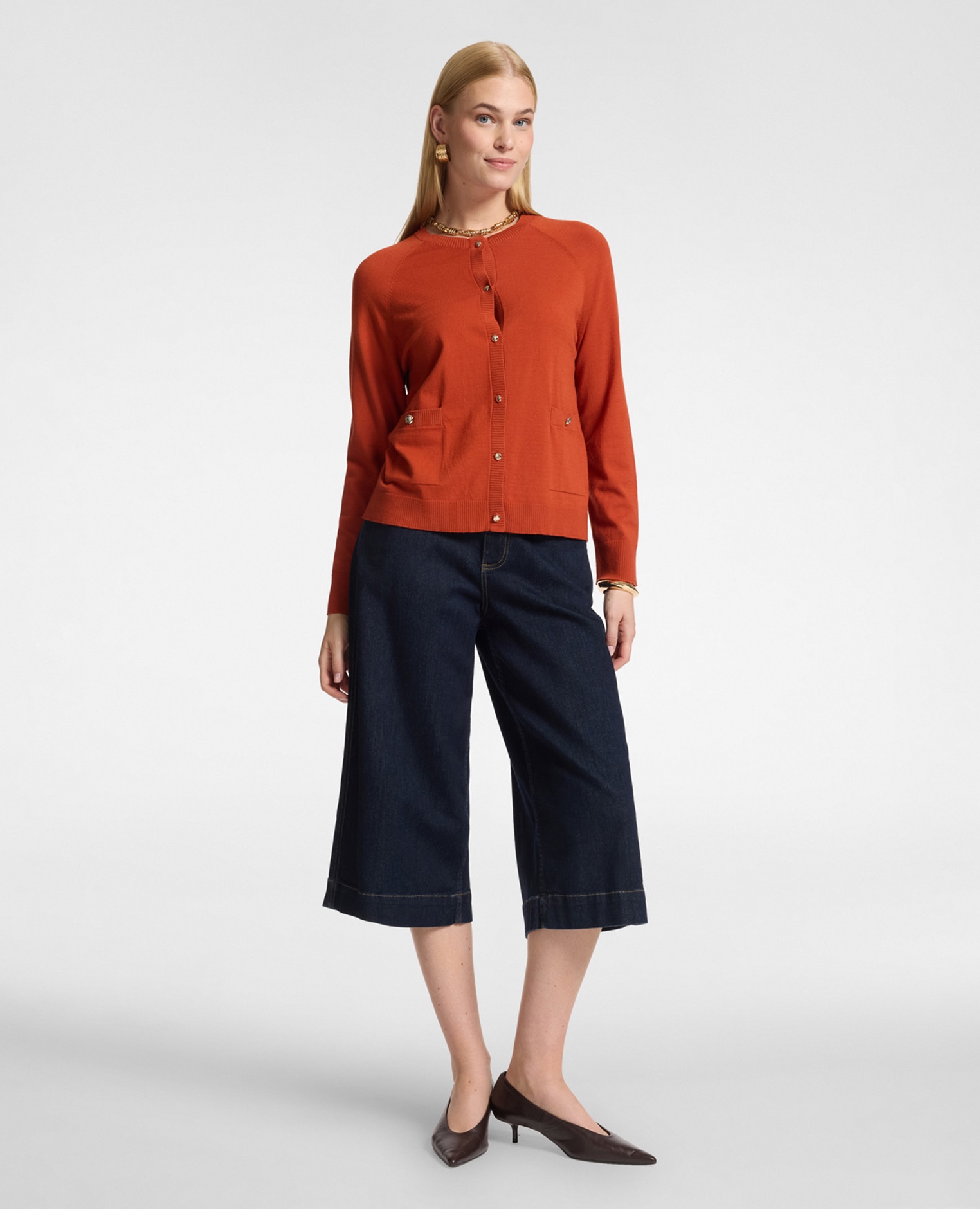 Chaqueta de mujer de punto en viscosa con bolsillos modelo regular con cierre de botones en el frente - Elena Miró - Naranja Naranja-3