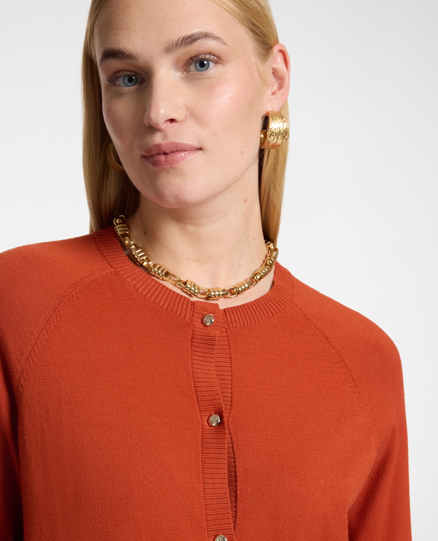 Chaqueta de mujer de punto en viscosa con bolsillos modelo regular con cierre de botones en el frente - Elena Miró - Naranja Naranja-4