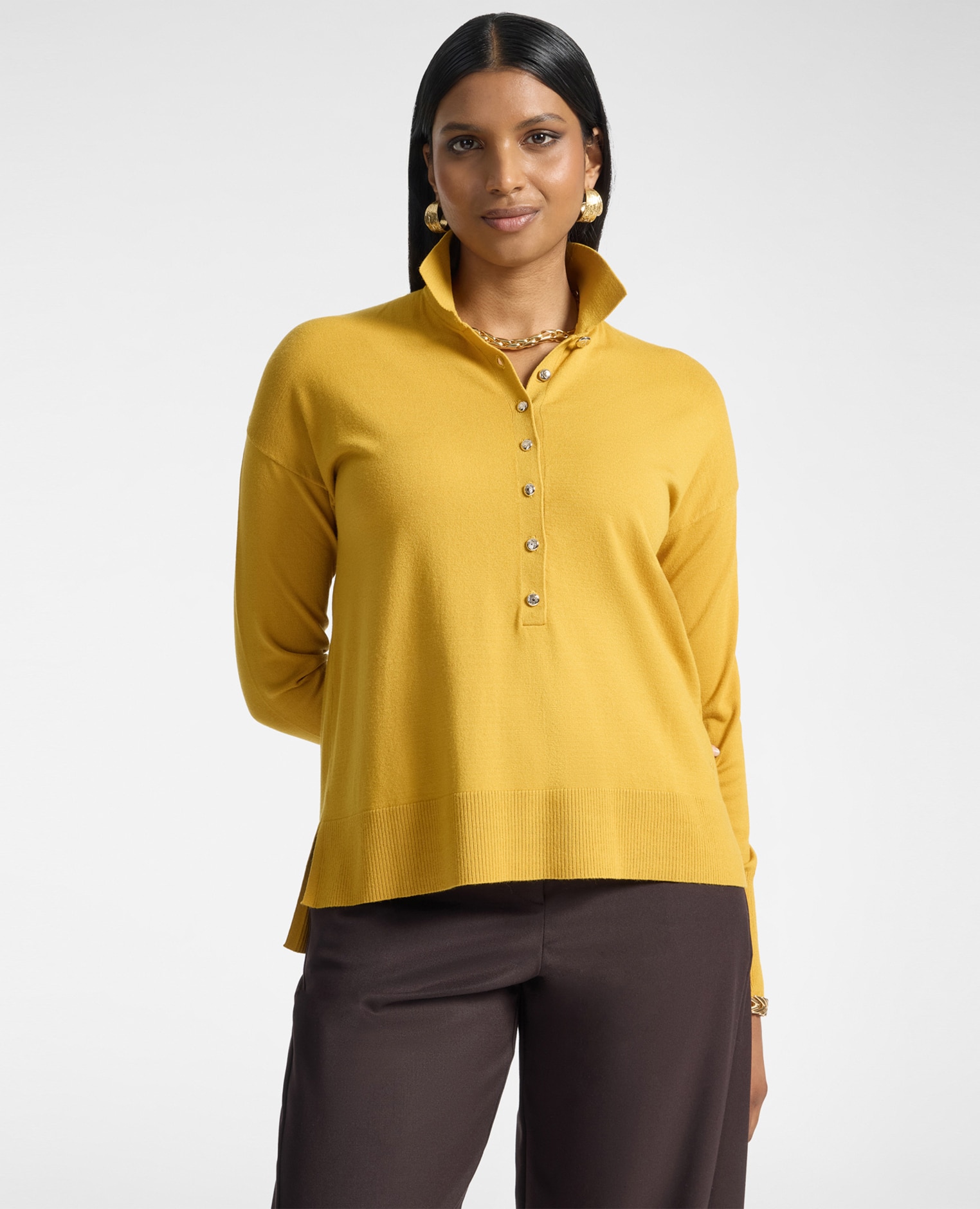 Jersey de mujer polo de viscosa con botones joya modelo boxy de longitud media con cierre de botones en el frente - Elena Miró - Amarillo Amarillo-1