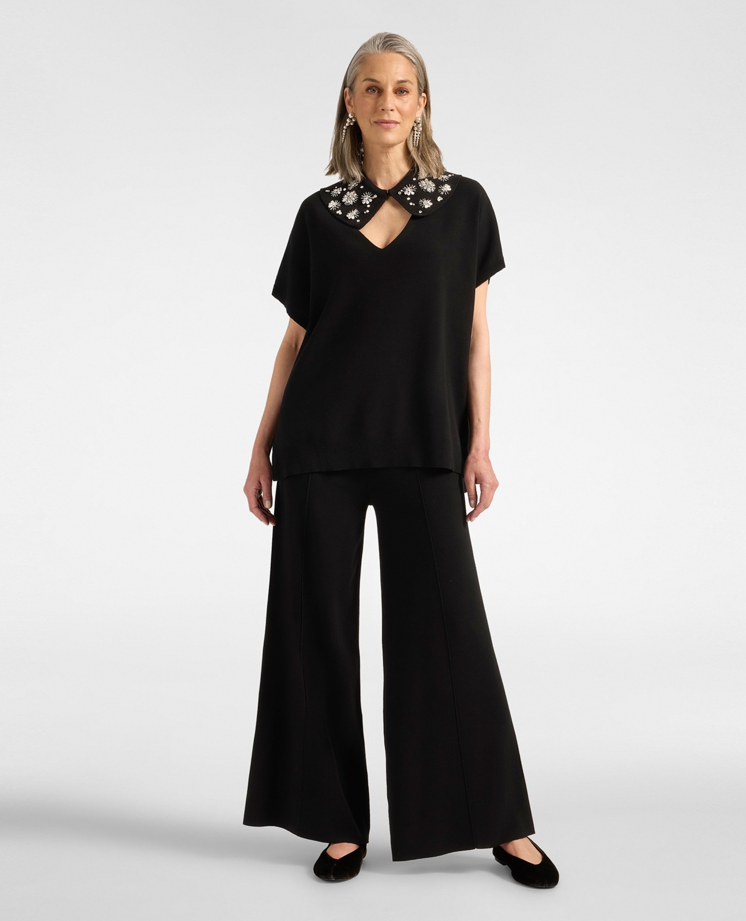 Pantalones de mujer palazzo de viscosa ajuste ancho con cierre de banda elástica en la cintura - Elena Miró - Negro Negro-1