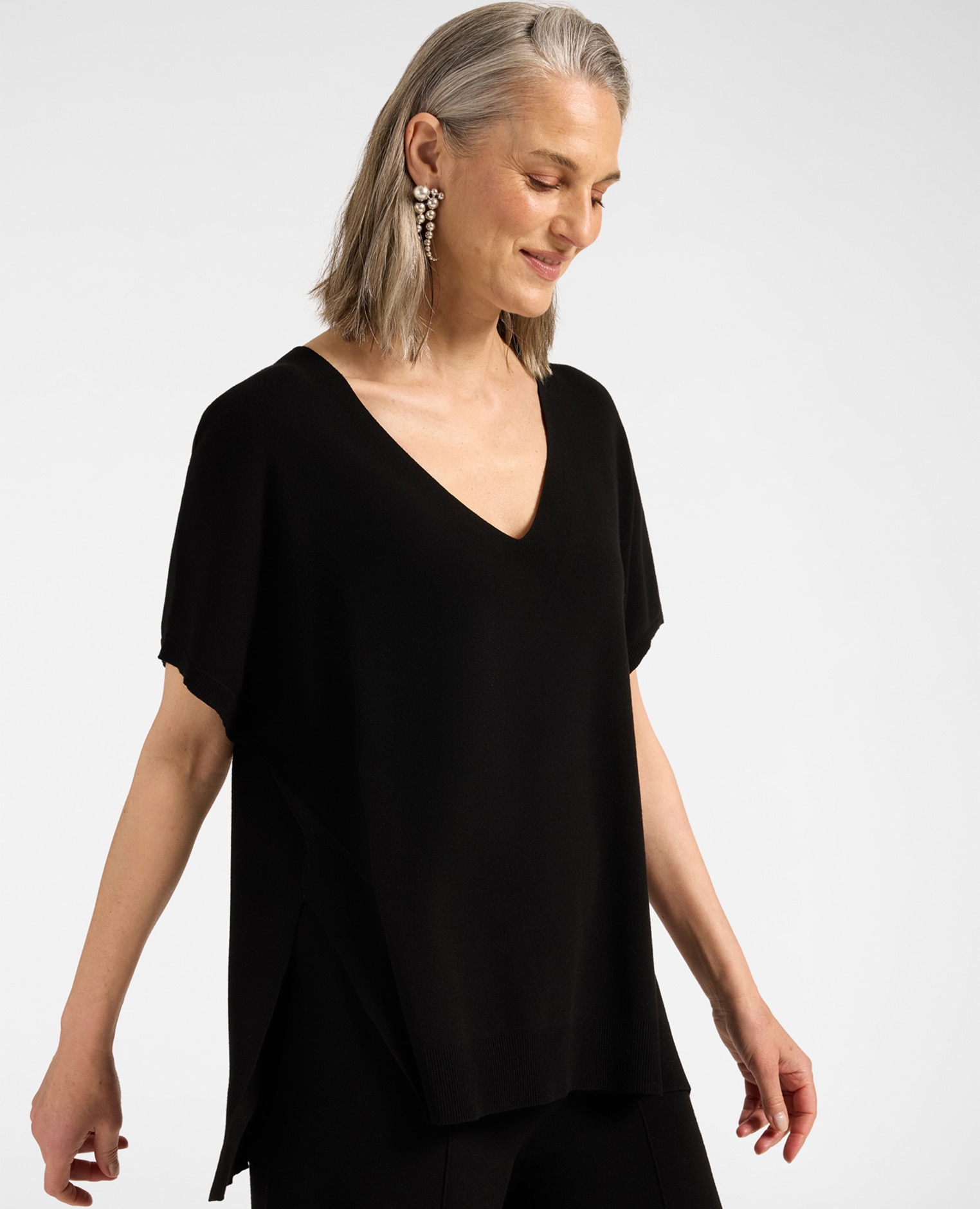 Jersey de mujer de viscosa con escote en v ajuste oversize y longitud media - Elena Miró - Negro Negro-1