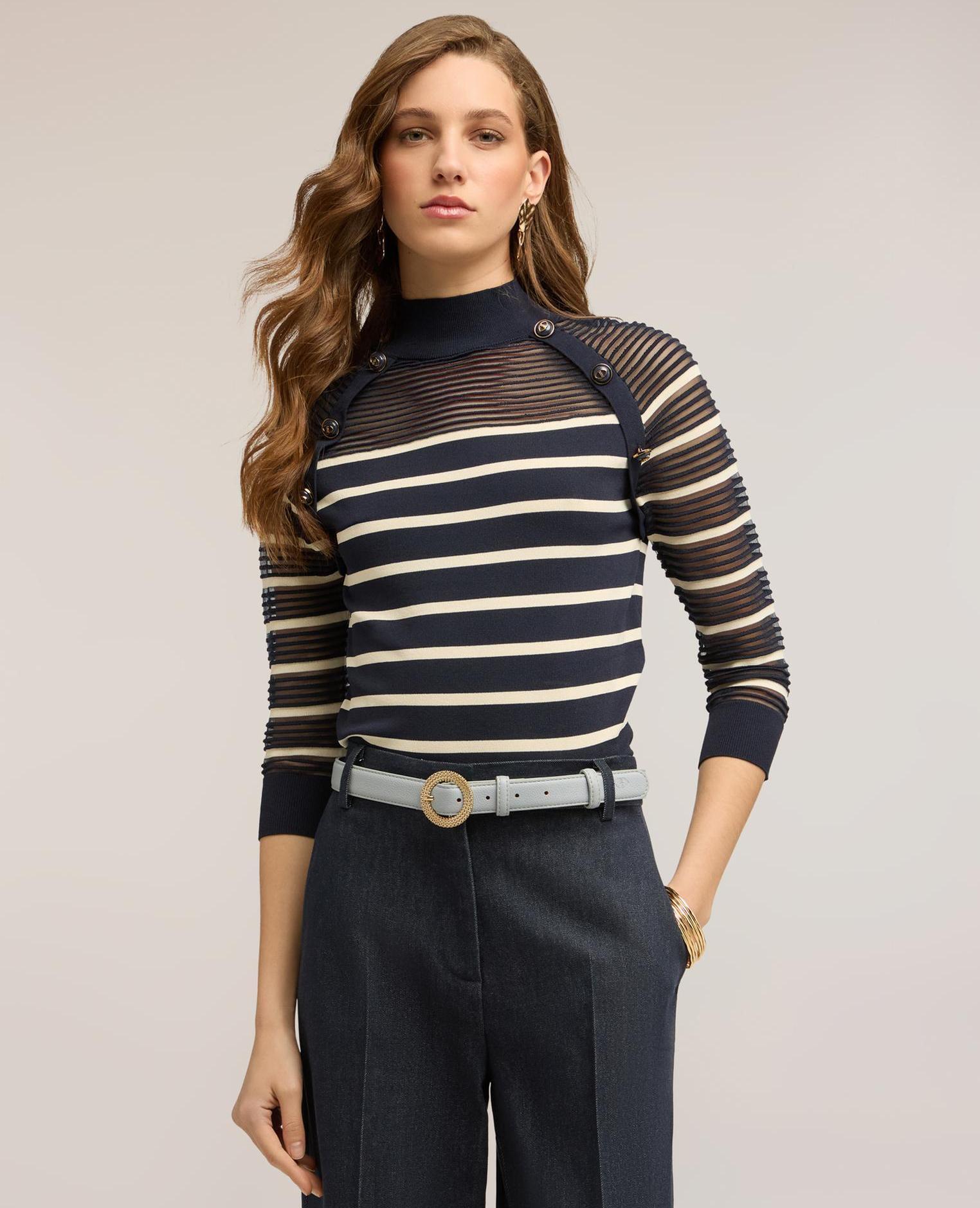Motivi - Jersey de mujer de rayas con transparencias modelo con cuello alto.