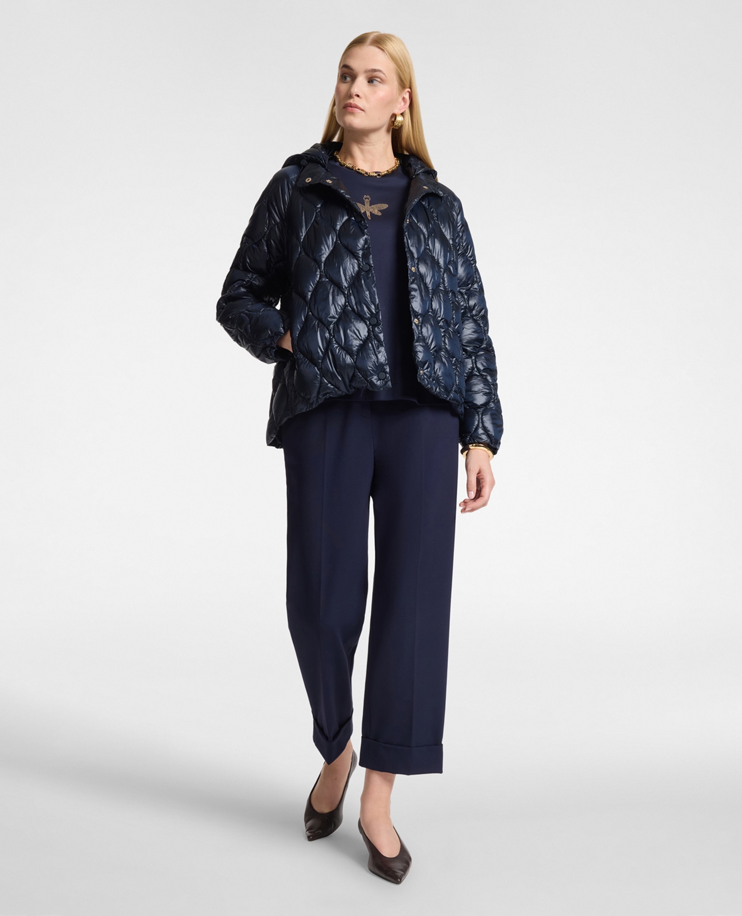 Plumífero de mujer ligero de nylon acolchado largo medio ajuste regular - Elena Miró - Azul Azul-3