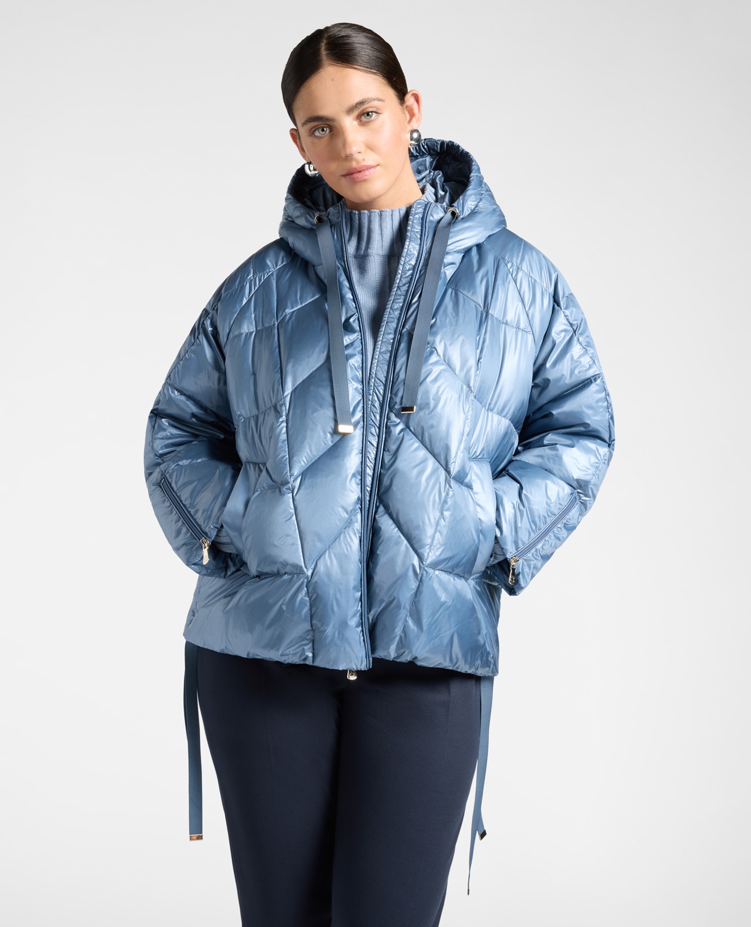 Imagen 0 de Plumífero de mujer acolchado de nylon con capucha largo medio ajuste acampanado Azul claro