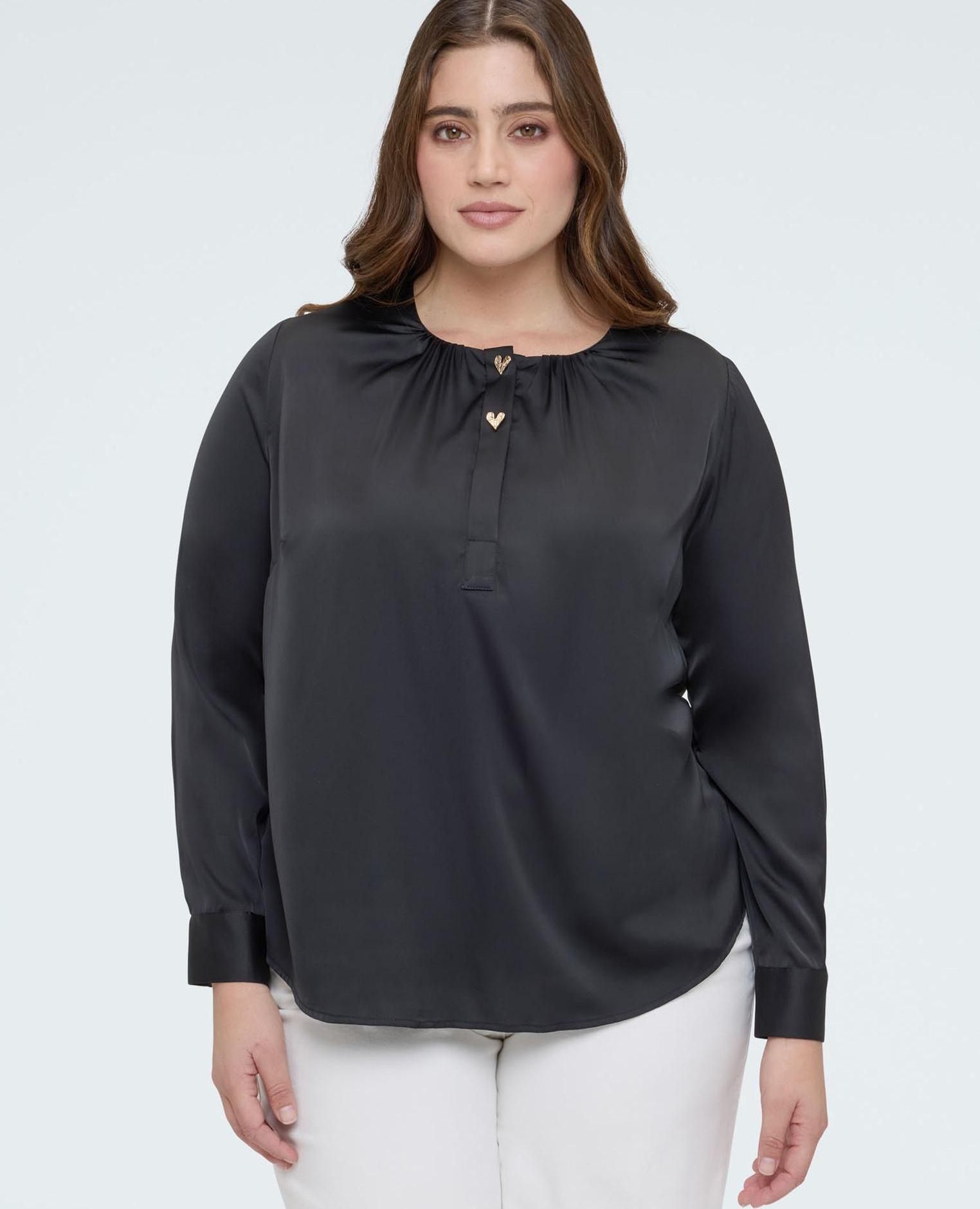 Blusa de mujer de raso con botones en forma de corazón mangas largas con puños reversibles - Fiorella Rubino - Negro Negro-1