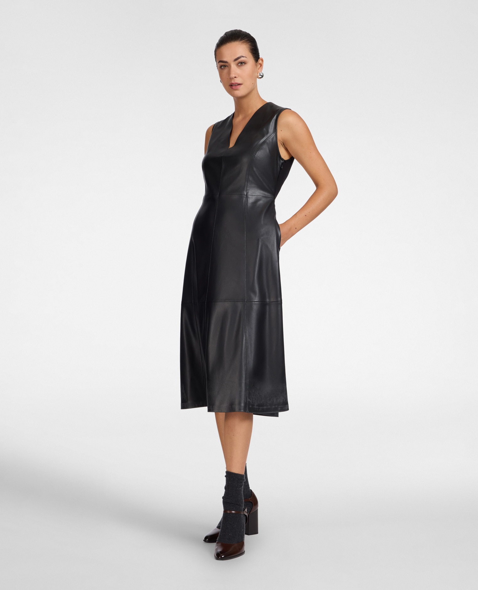 Vestido en a en tejido revestido largo midi con escote en v y cierre con cremallera - Elena Miró - Negro Negro-3