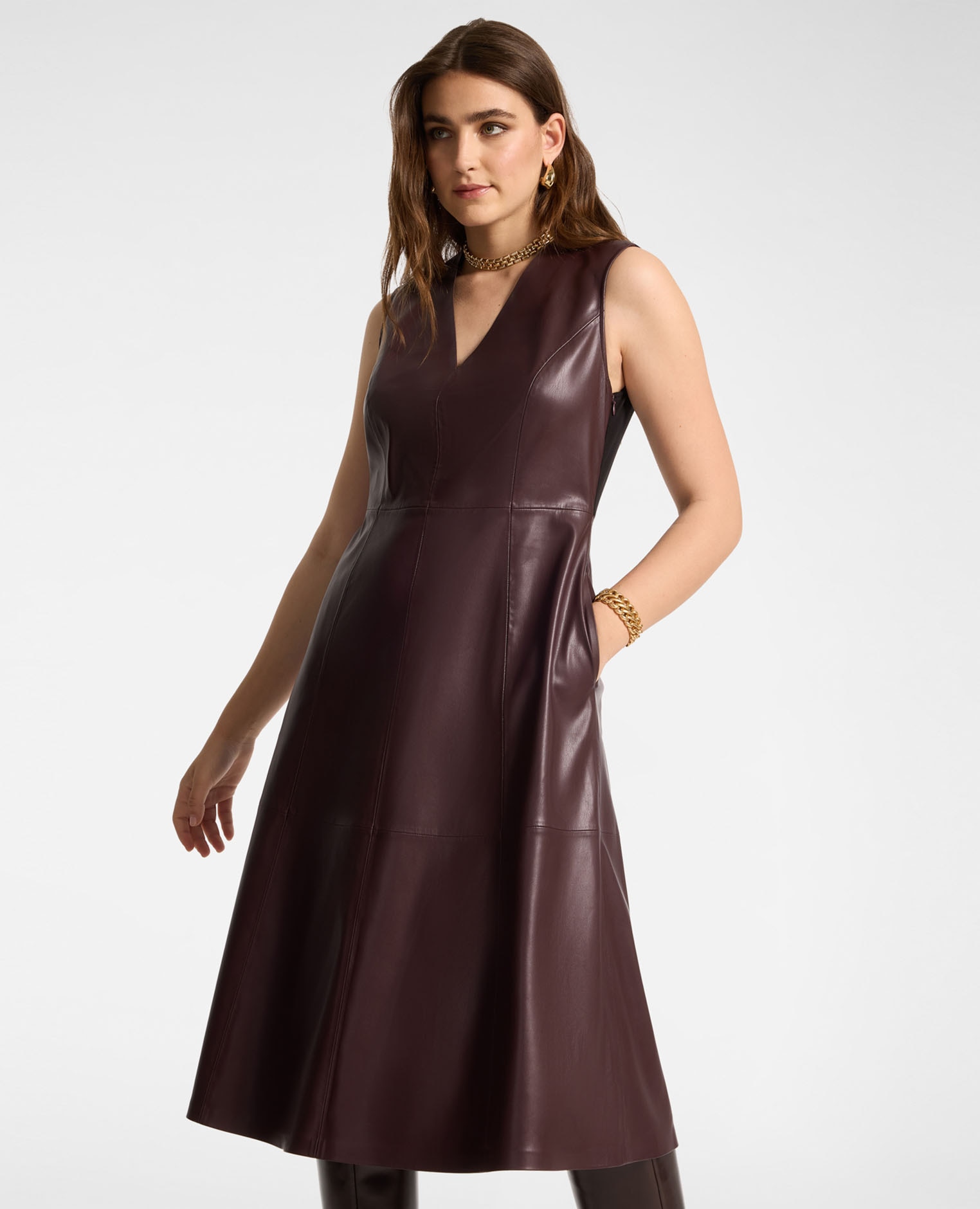 Imagen 3 de Vestido en a en tejido revestido largo midi con escote en v y cierre con cremallera - Elena Miró - Burdeos Burdeos