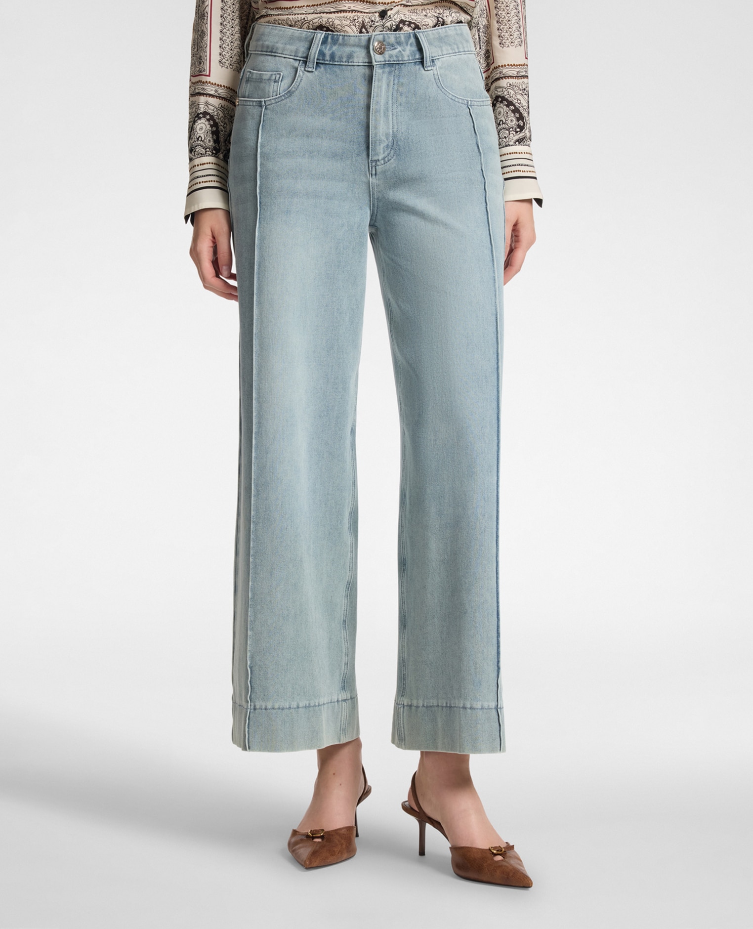 Jeans de mujer washed wide leg ajuste ancho con cierre de botones y cremallera - Elena Miró - Azul Azul-3