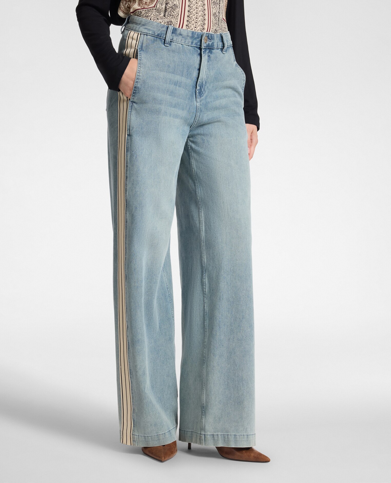 Jeans de mujer wide leg con bordes laterales ajuste ancho con cierre de botones y cremallera - Elena Miró - Azul Azul-3