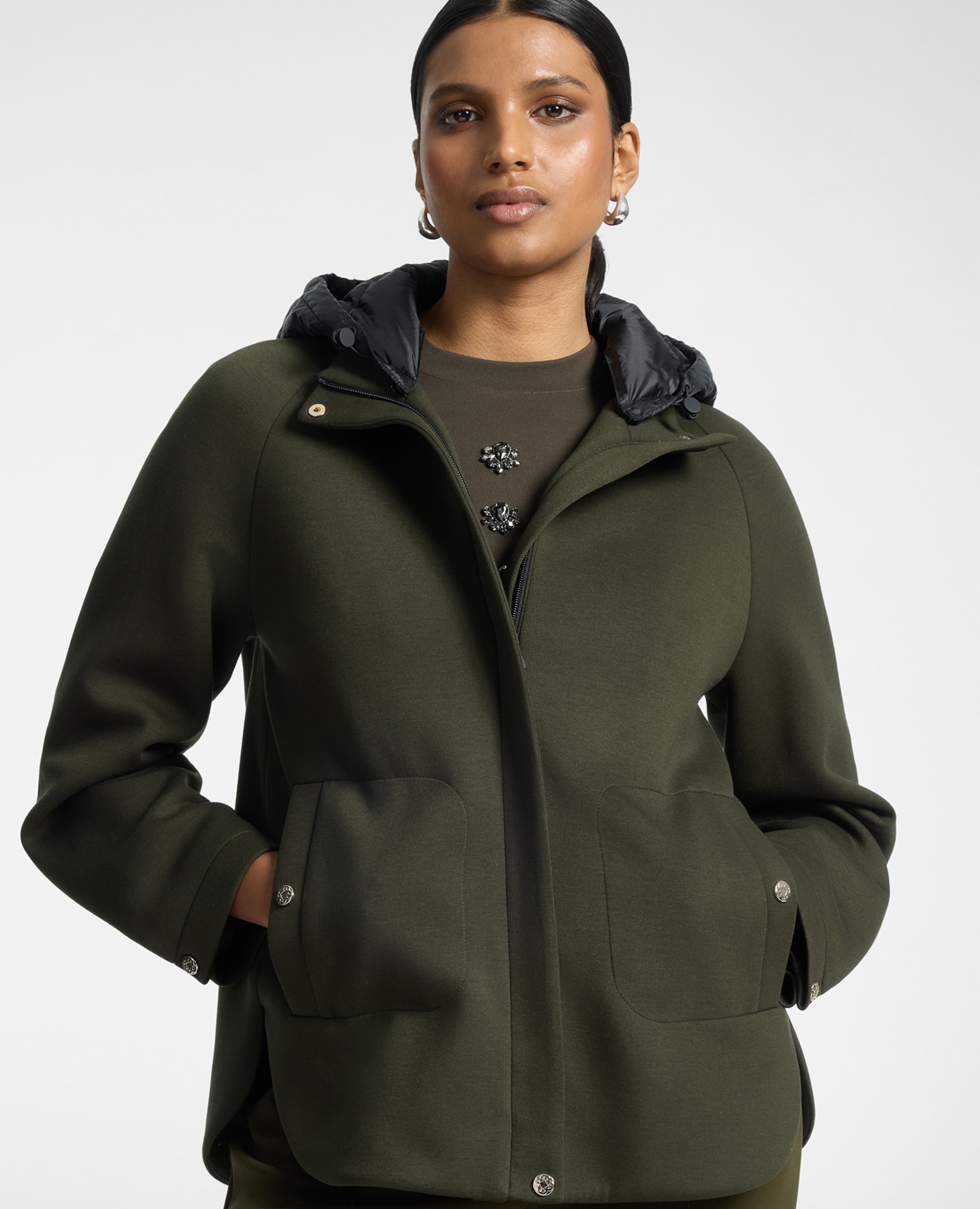 Parka de mujer en scuba con capucha longitud media ajuste regular - Elena Miró - Verde Verde-1