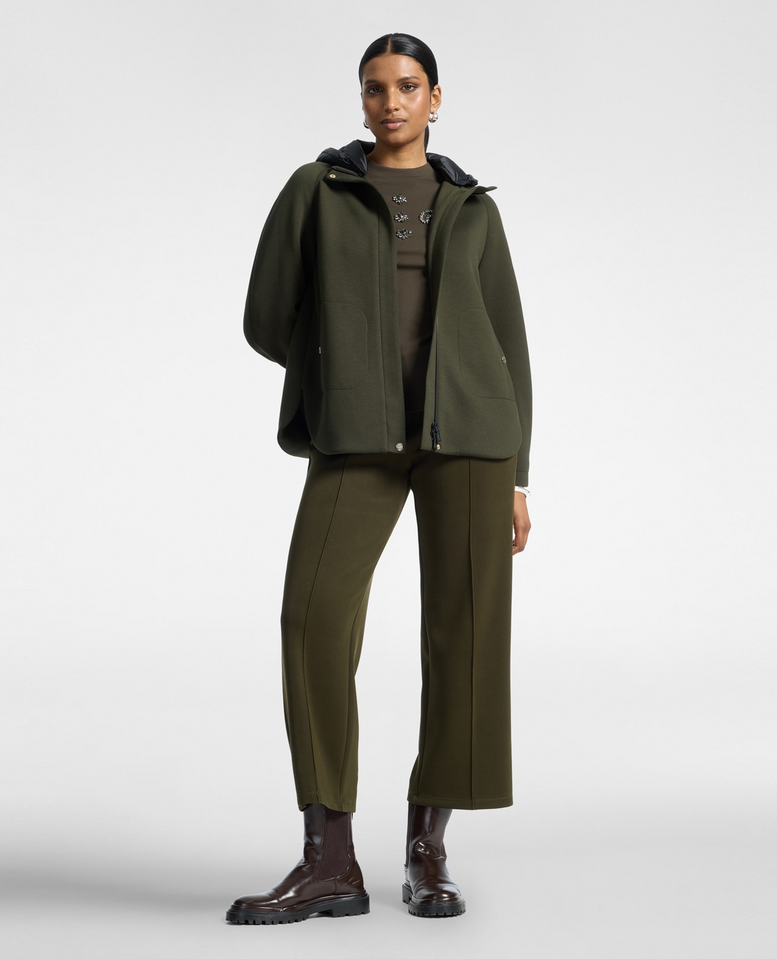 Parka de mujer en scuba con capucha longitud media ajuste regular - Elena Miró - Verde Verde-3