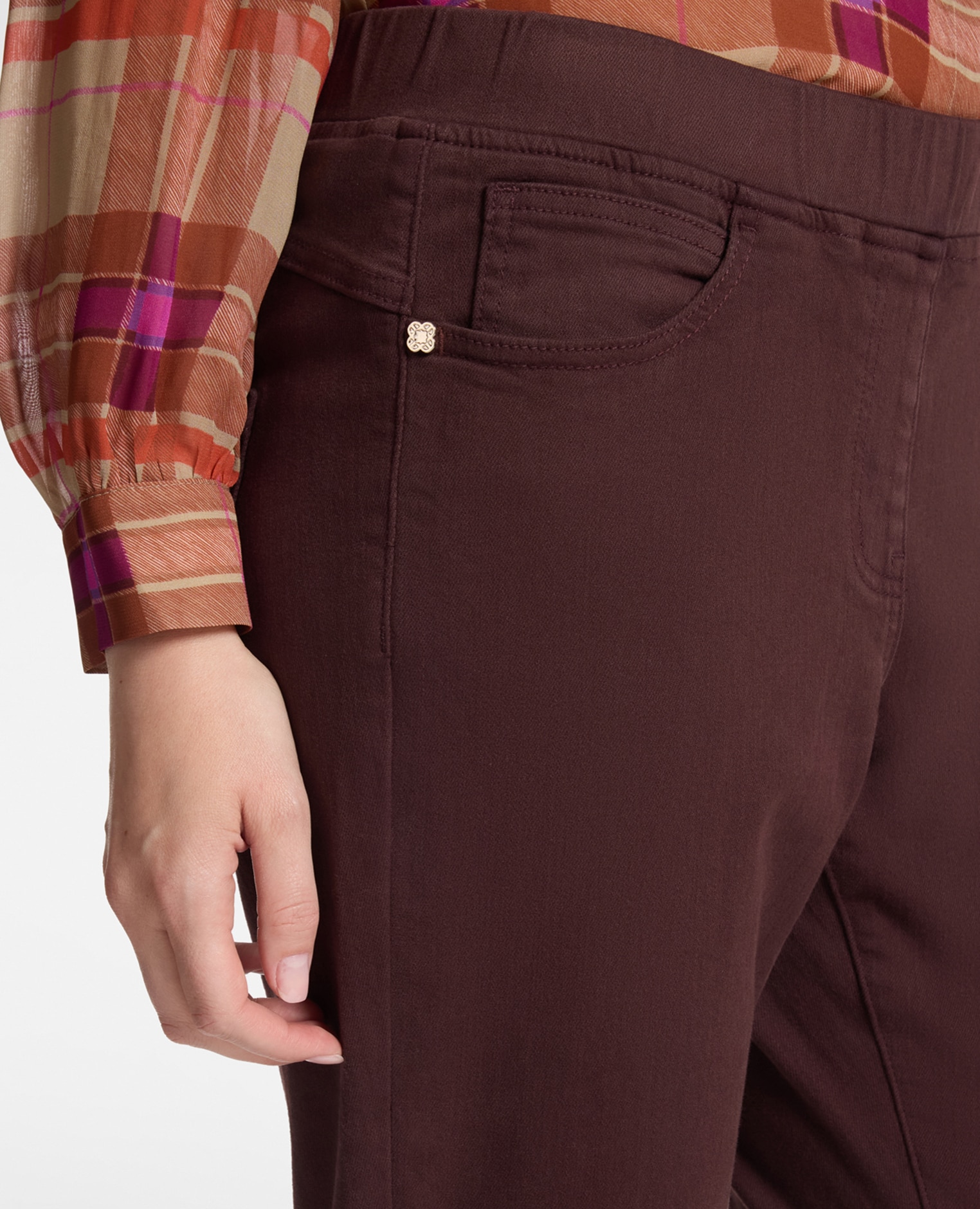 Pantalones de mujer slim en drill mezcla de algodón ajuste skinny cierre con banda elástica en la cintura - Elena Miró - Burdeos Burdeos-4