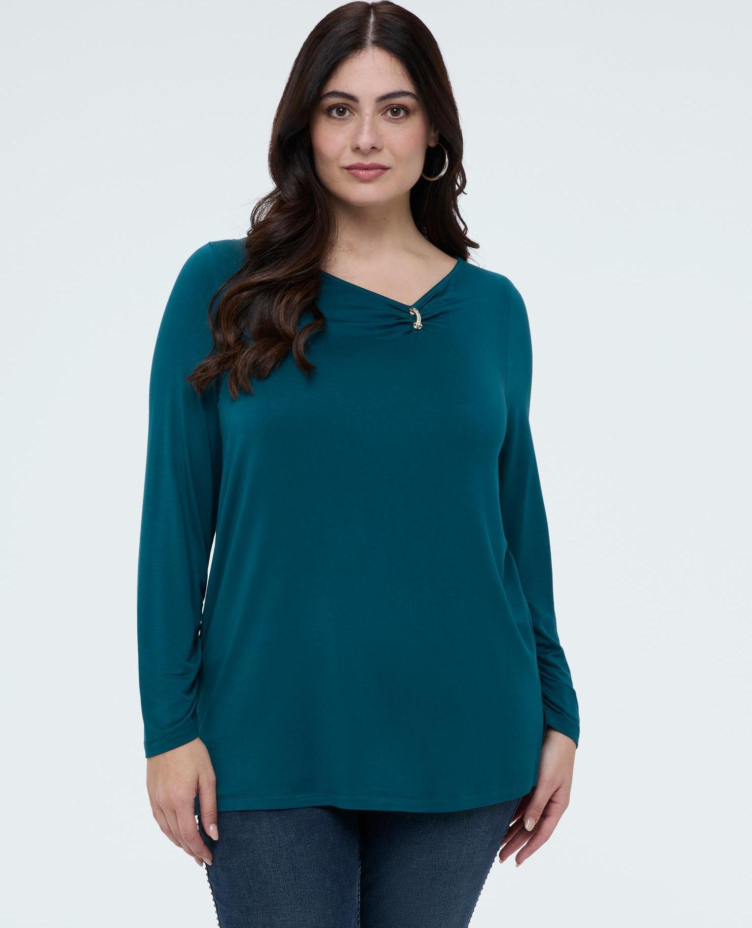 Camiseta de mujer de jersey con detalle joya en mezcla de viscosa - Fiorella Rubino - Turquesa Turquesa-3