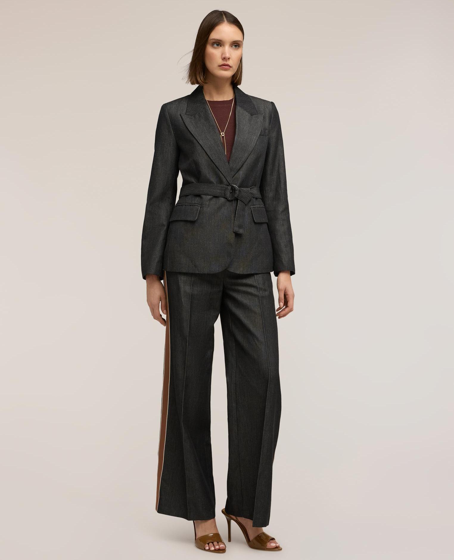 Motivi - Blazer de mujer con cinturón mezcla de ramio con cuello de lanza.