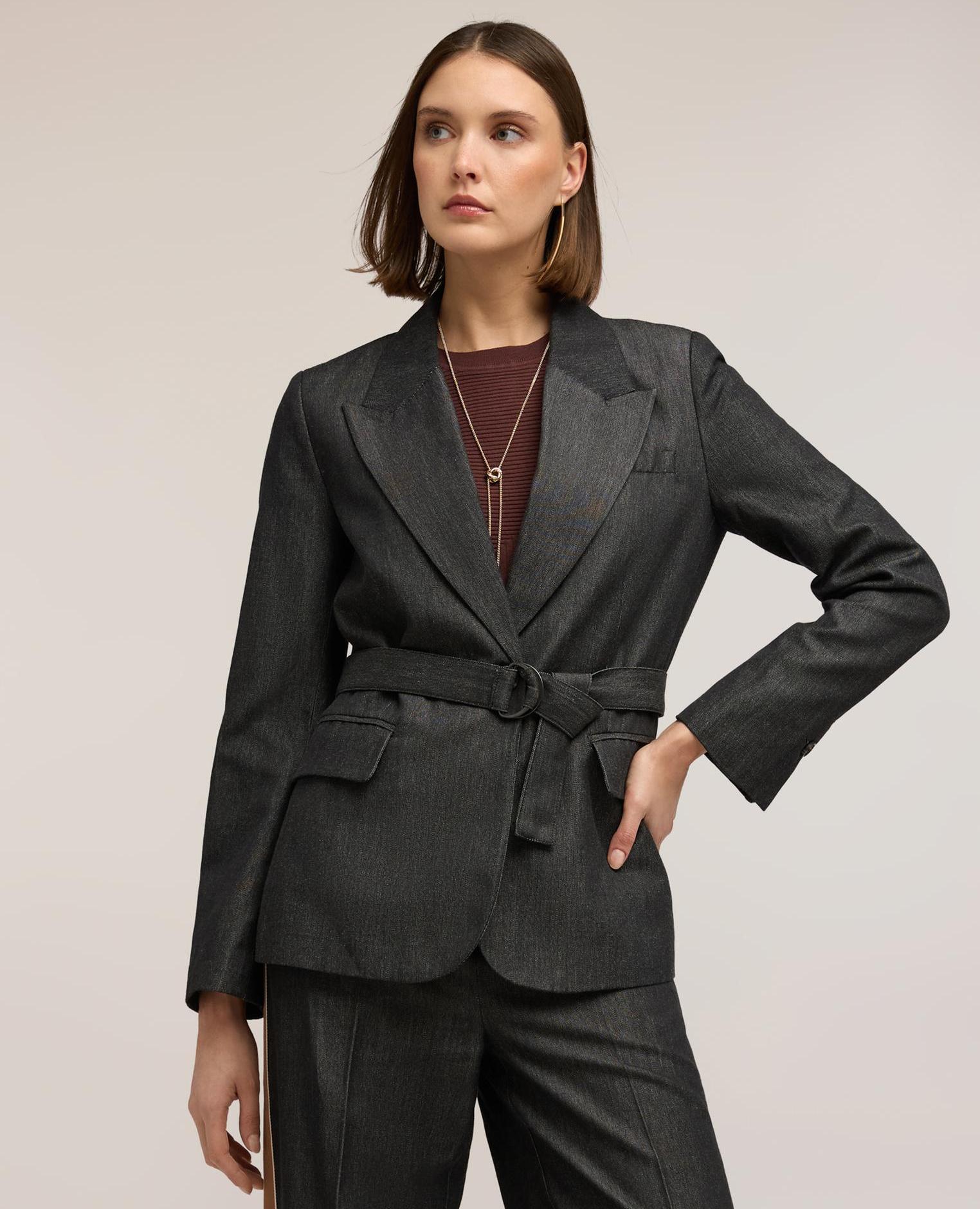Blazer de mujer con cinturón mezcla de ramio con cuello de lanza - Motivi - Azul Azul-3