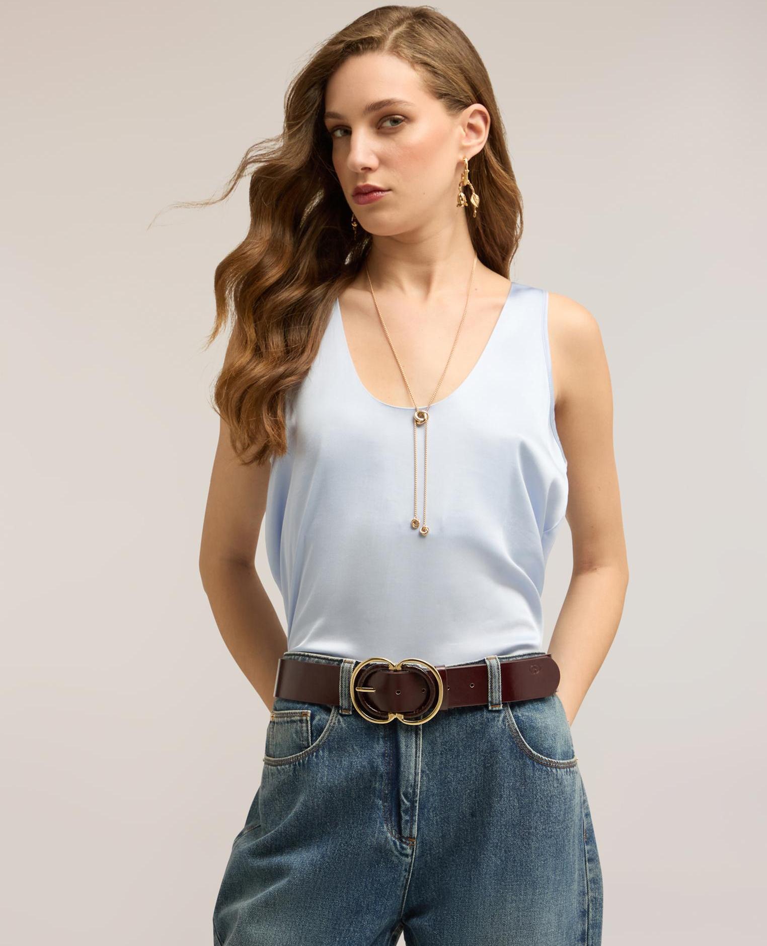 Top de mujer de raso de hombro ancho ajuste regular - Motivi - Azul claro Azul claro-3