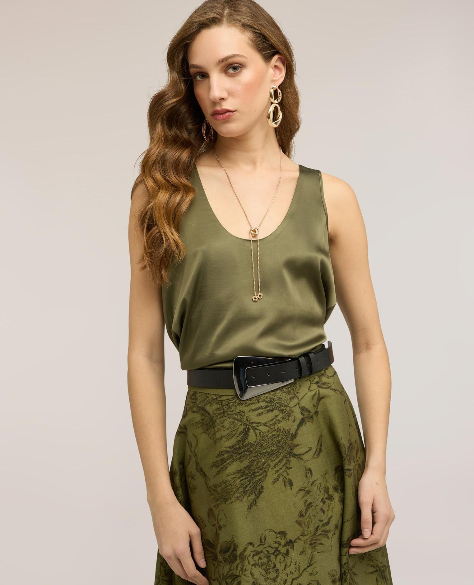 Top de mujer de raso de hombro ancho ajuste regular - Motivi - Marrón Verde militar-1