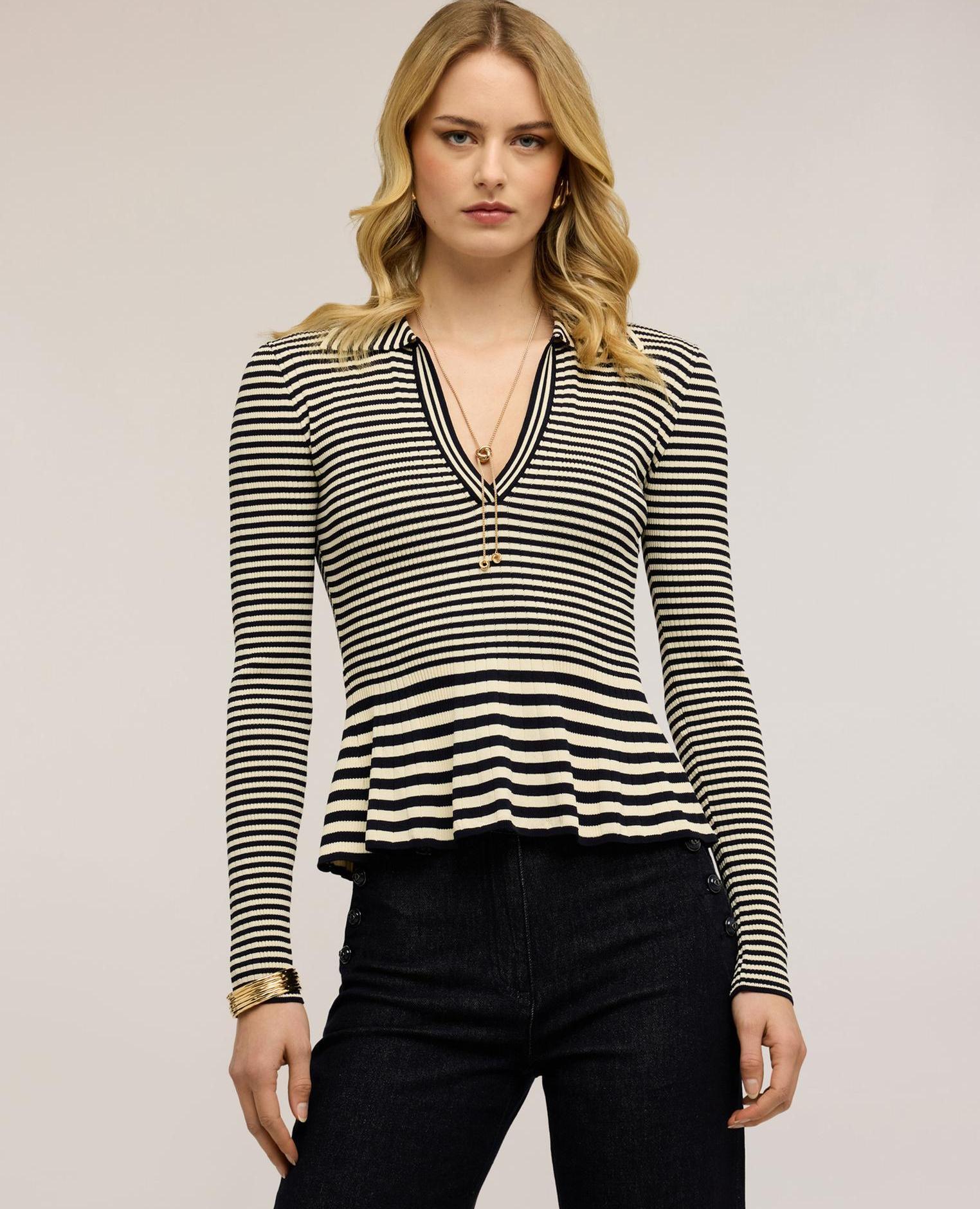 Jersey de mujer de rayas con peplo modelo entallado con volante en el bajo - Motivi - Beige Beige-1