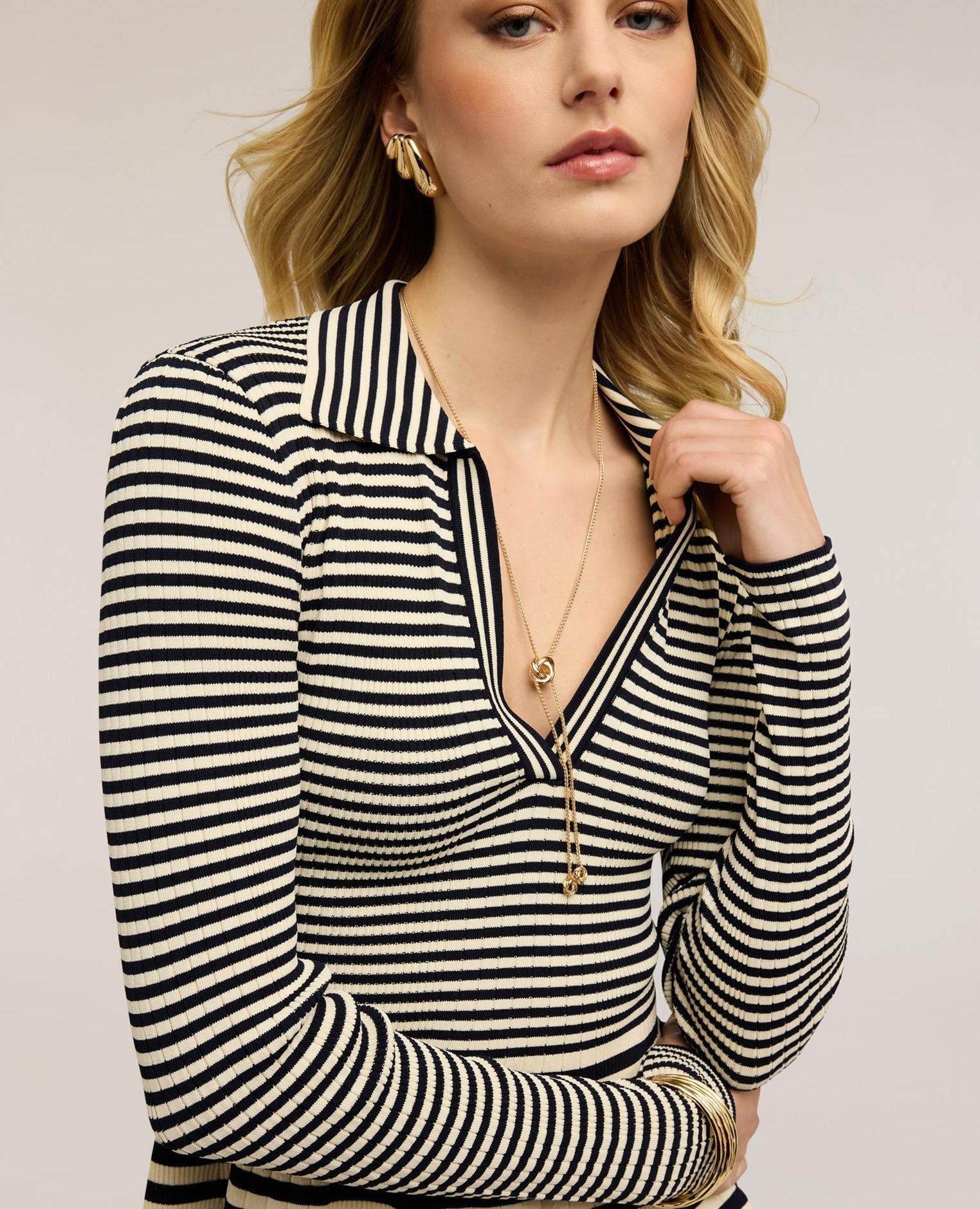 Jersey de mujer de rayas con peplo modelo entallado con volante en el bajo - Motivi - Beige Beige-3