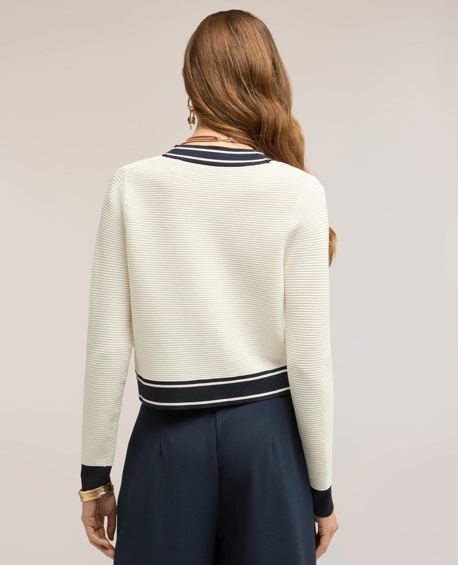 Chaqueta de mujer de punto con bordes en contraste modelo regular con escote de pico - Motivi - Blanco Blanco-2