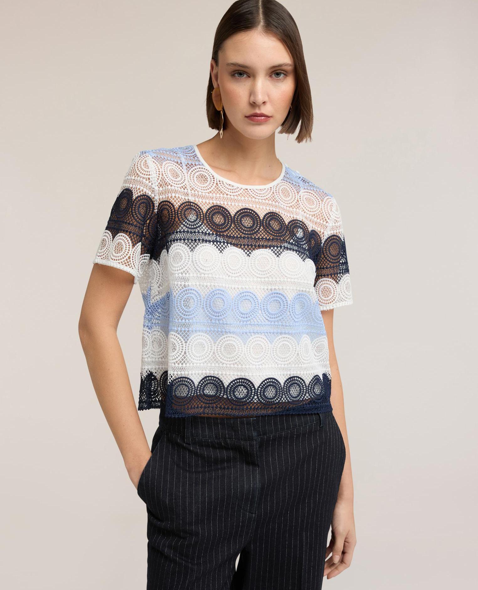 Camiseta de mujer de encaje macramé ajuste boxy con escote redondo - Motivi - Blanco Blanco-1
